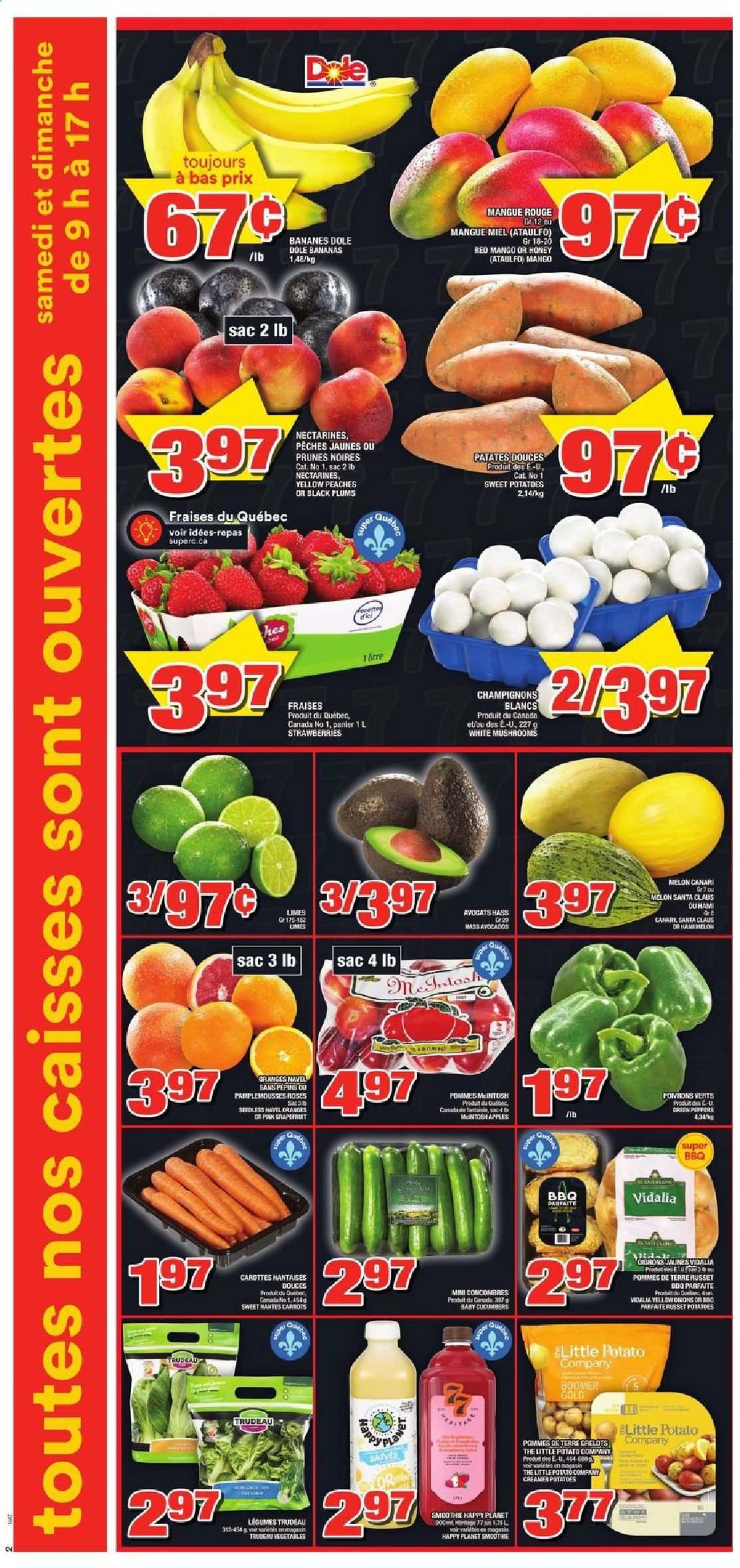 thumbnail - Super C Flyer - July 08, 2021 - July 14, 2021 - Sales products - mushrooms, carrots, cucumber, russet potatoes, sweet potato, potatoes, onion, Dole, peppers, bananas, mango, nectarines, strawberries, plums, melons, black plums, peaches, navel oranges, Santa, prunes, dried fruit, smoothie, L'Or. Page 3.