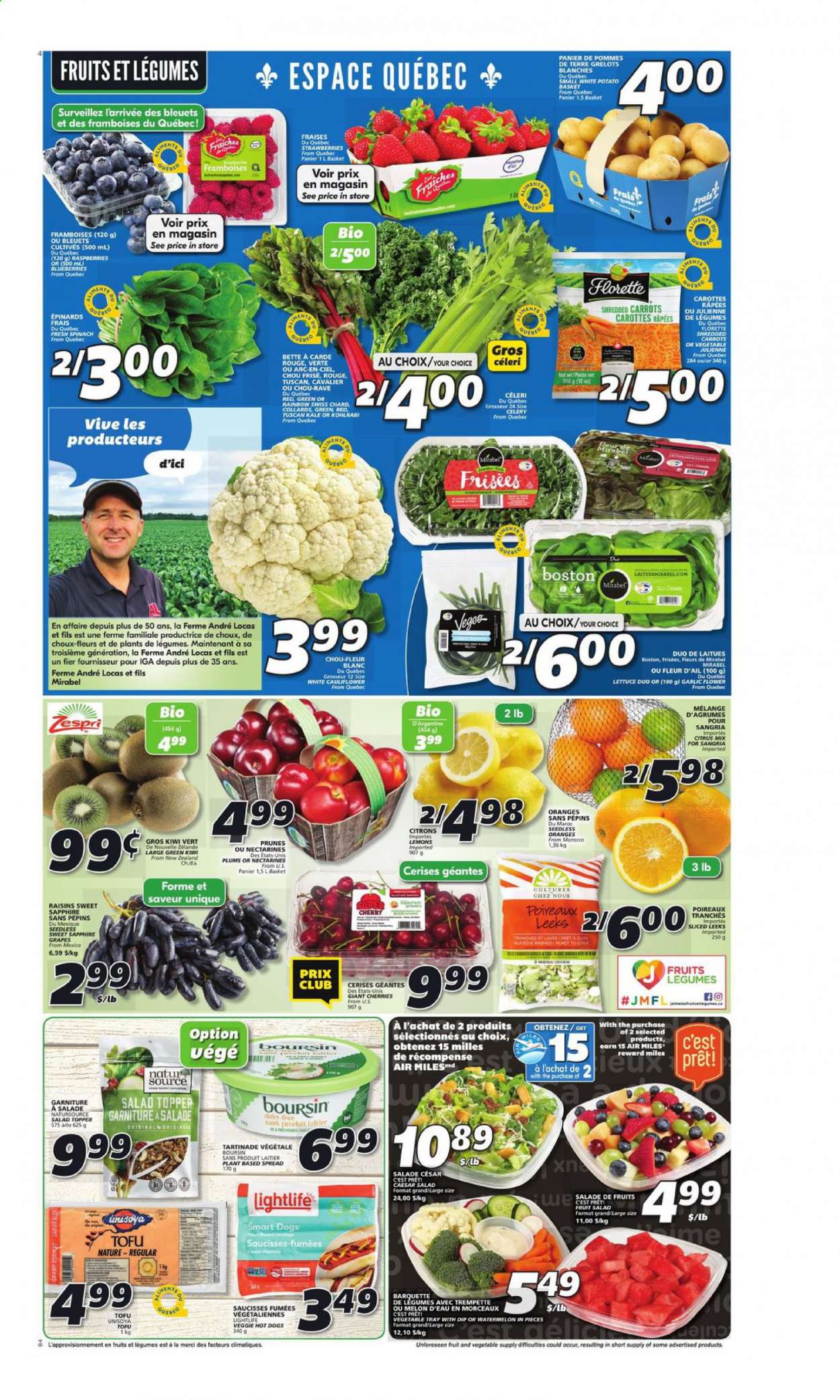 thumbnail - IGA Flyer - July 08, 2021 - July 14, 2021 - Sales products - carrots, celery, garlic, spinach, kale, lettuce, salad, kohlrabi, grapes, nectarines, watermelon, plums, cherries, melons, lemons, tofu, dip, Merci, fruit salad, prunes, dried fruit, kiwi, raisins. Page 3.