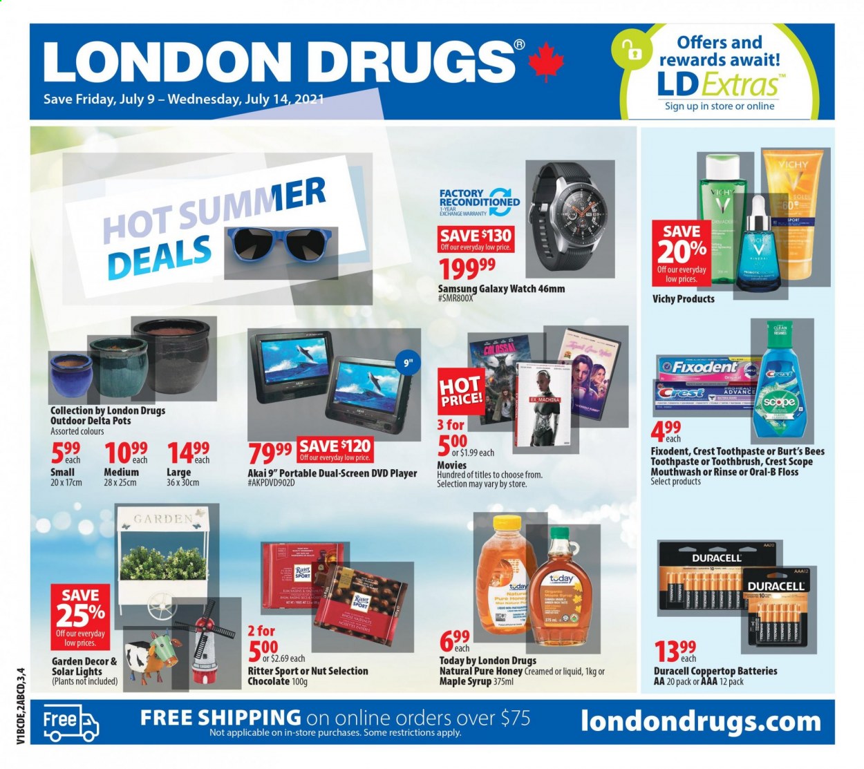thumbnail - Circulaire London Drugs - 09 Juillet 2021 - 14 Juillet 2021 - Produits soldés - Samsung, miel, noisettes, alcool, Duracell, rhum, Ritter Sport, Vichy, Oral-b, raisins. Page 1.