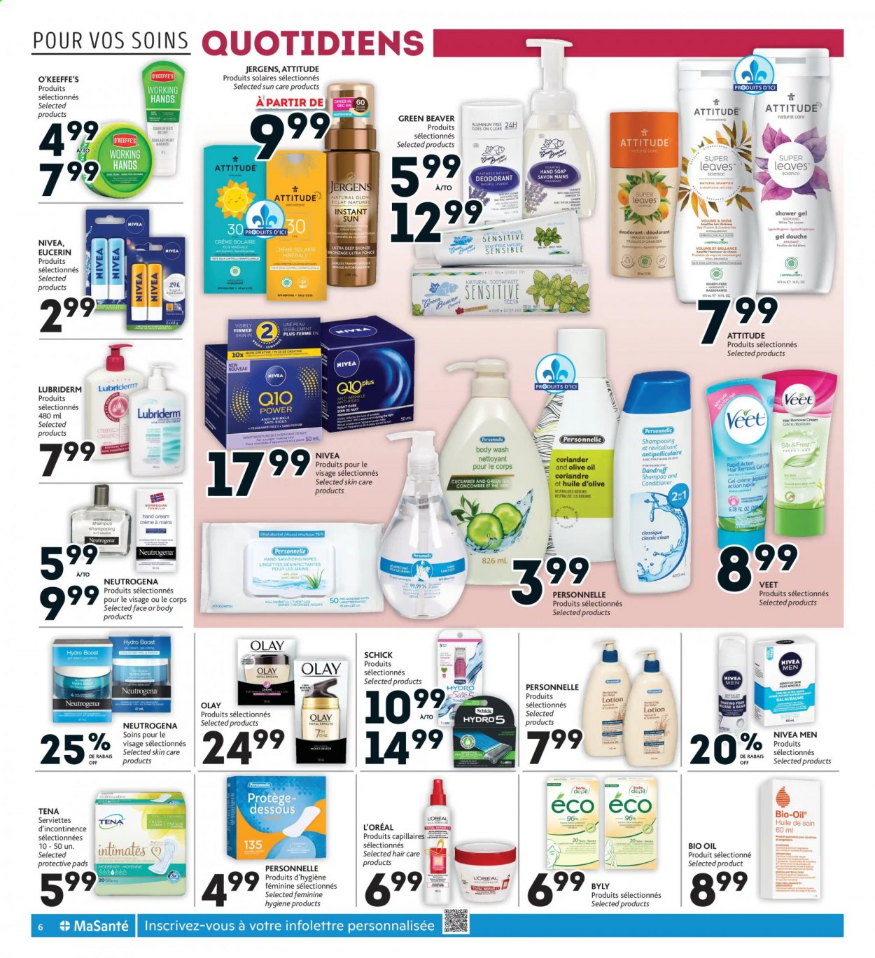 thumbnail - Brunet Flyer - July 08, 2021 - July 14, 2021 - Sales products - wipes, antiseptic wipes, body wash, shower gel, hand soap, soap, toothpaste, L’Oréal, moisturizer, Olay, conditioner, body lotion, Lubriderm, hand cream, Jergens, anti-perspirant, Eclat, Schick, hair removal, shaving foam, Veet, cranberries, zinc, Eucerin, Neutrogena, shampoo, Nivea, deodorant. Page 6.
