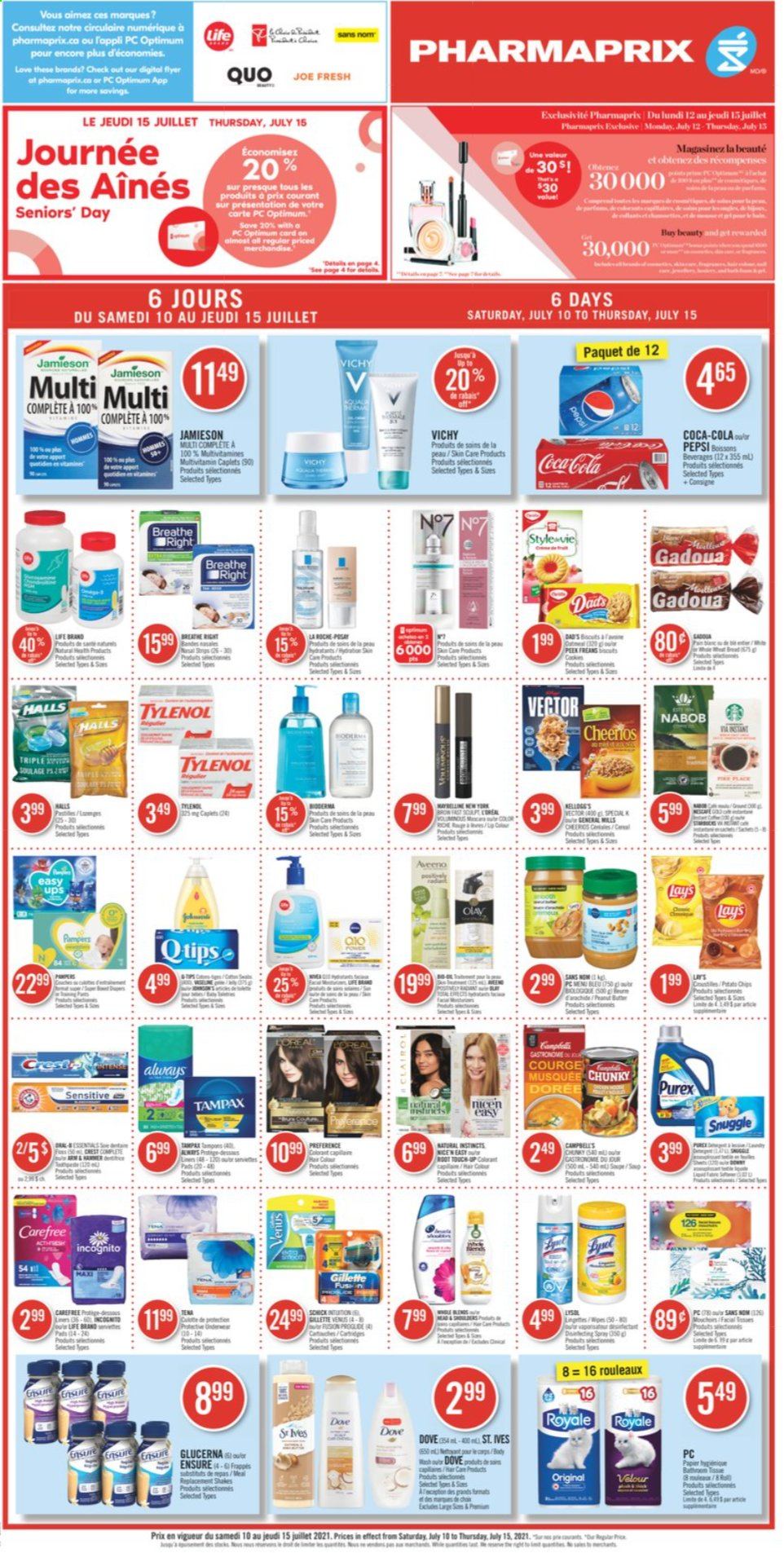 thumbnail - Pharmaprix Flyer - July 10, 2021 - July 15, 2021 - Sales products - Halls, Lay’s, Coca-Cola, Pepsi, Aveeno, Snuggle, Purex, Vichy, Always pads, Carefree, Olay, Schick, Venus, multivitamin, Tylenol, Glucerna, Gillette, Tampax, Pampers. Page 1.