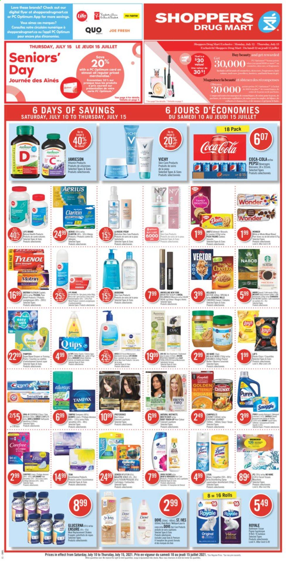 thumbnail - Shoppers Drug Mart Flyer - July 10, 2021 - July 15, 2021 - Sales products - Digestive, Lay’s, Coca-Cola, Pepsi, tissues, Snuggle, Purex, Vichy, Carefree, Tylenol, Glucerna, Motrin, Gillette, Tampax, Pampers. Page 1.