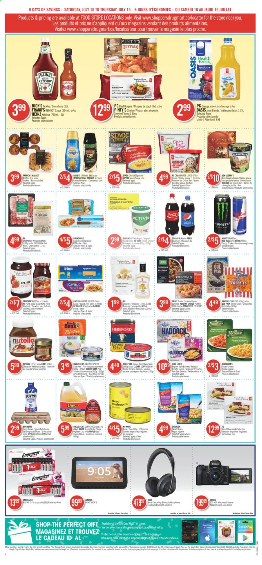 thumbnail - Shoppers Drug Mart Flyer - July 10, 2021 - July 15, 2021 - Sales products - chocolate, cream cheese, sardines, Heinz, pickles, sauce, Uncle Ben's, pasta, mustard, hot sauce, Coca-Cola, Pepsi, orange juice, juice, Monster, Clover, Red Bull, tuna, Nutella. Page 6.