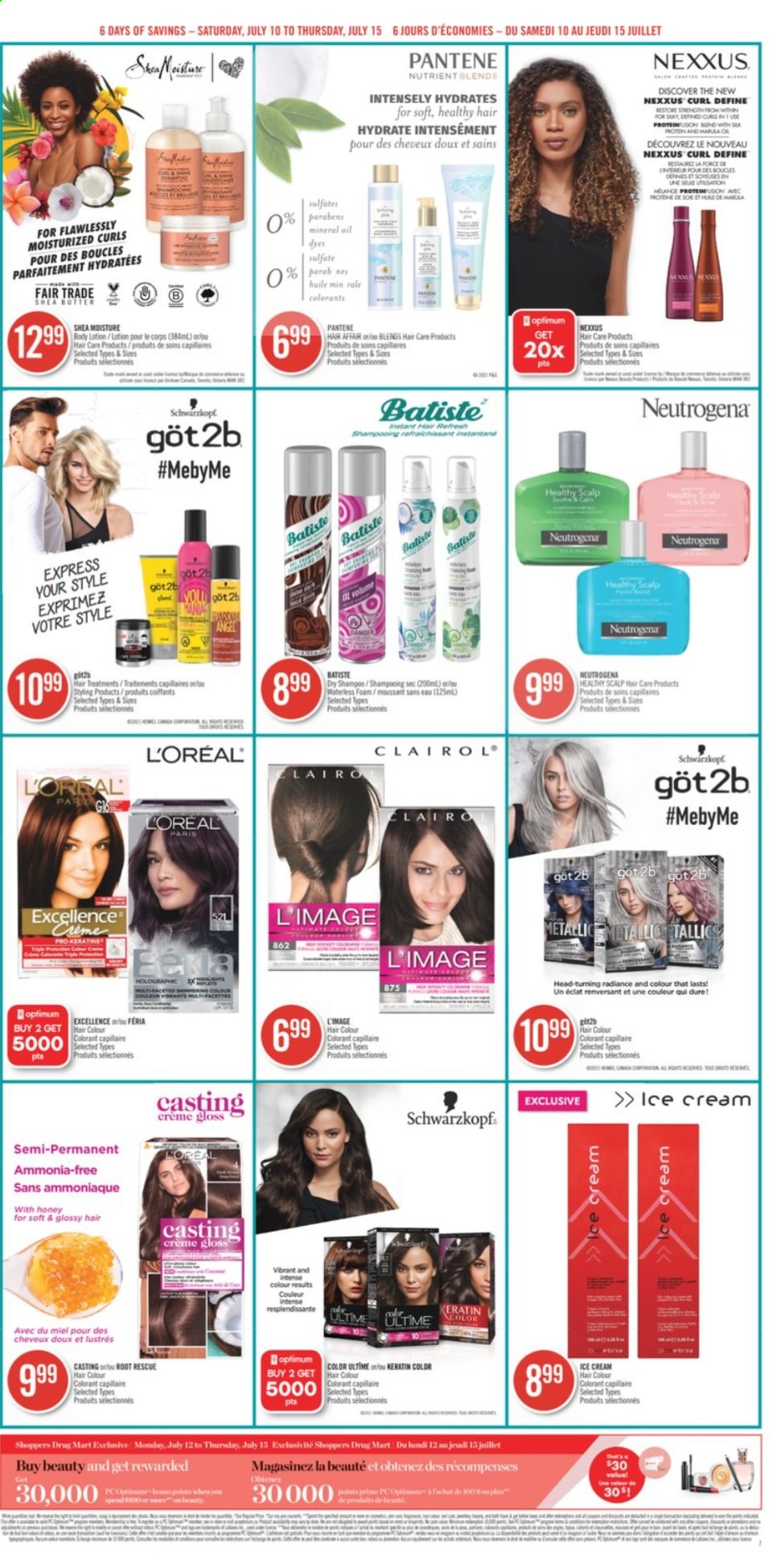 thumbnail - Shoppers Drug Mart Flyer - July 10, 2021 - July 15, 2021 - Sales products - L’Oréal, hair color, Nexxus, keratin, body lotion, Eclat, bra, Neutrogena, Pantene. Page 10.