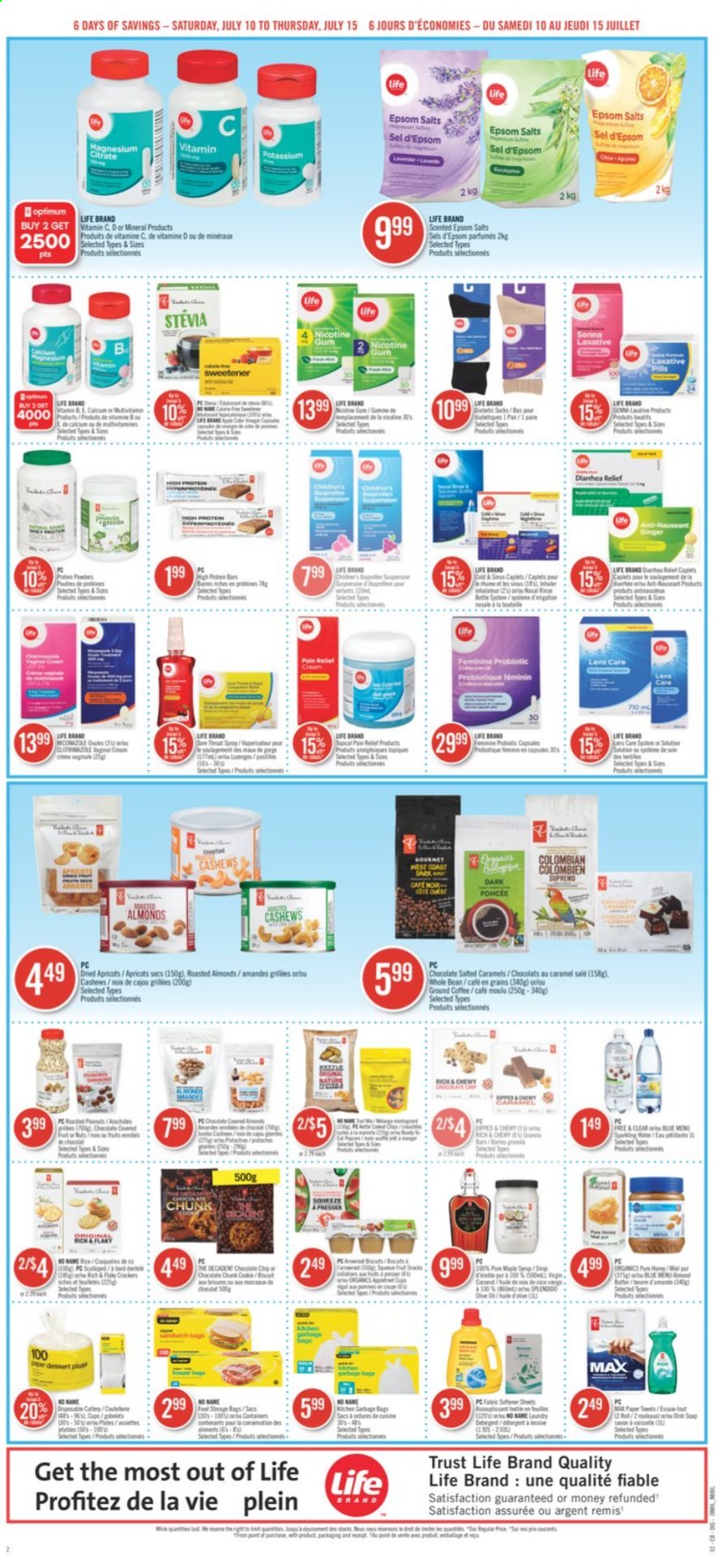thumbnail - Shoppers Drug Mart Flyer - July 10, 2021 - July 15, 2021 - Sales products - chocolate, stevia, sweetener, ginger, caramel, almonds, cashews, dried fruit, apricots, coffee, ground coffee, soap, Trust, bag, magnesium, nicotine therapy, vitamin c, laxative. Page 12.