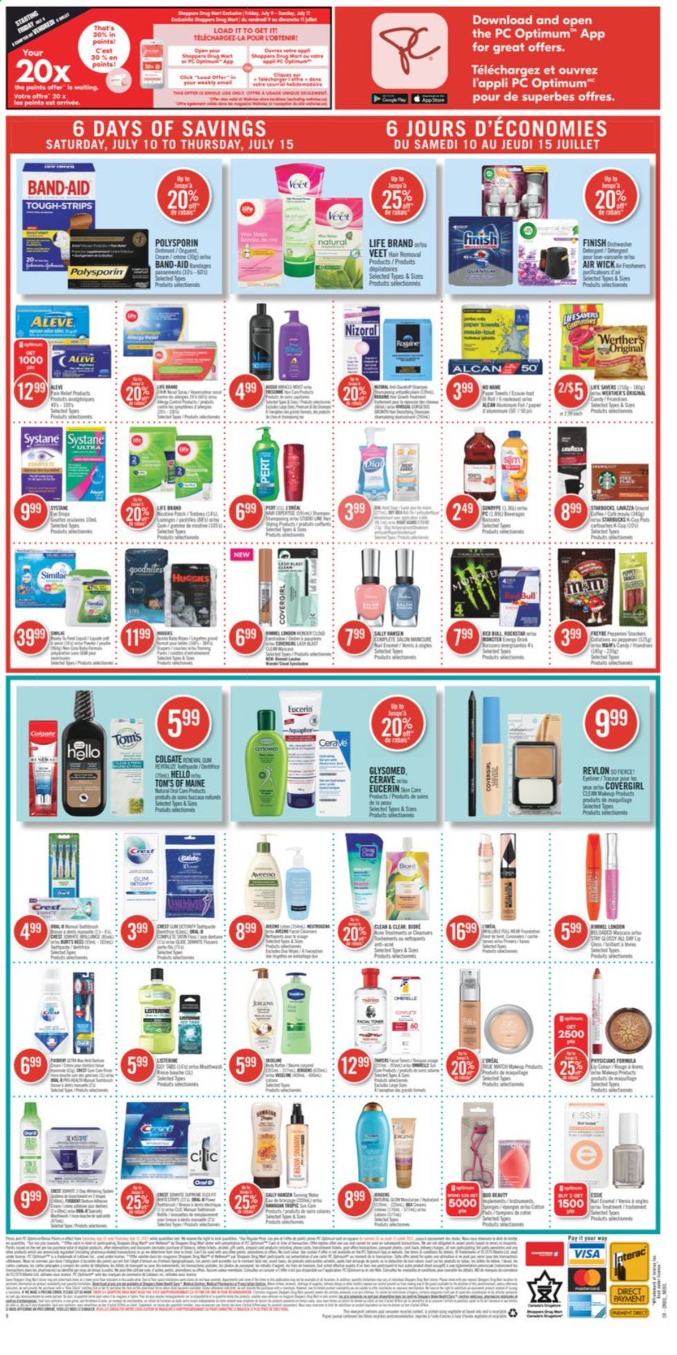 thumbnail - Shoppers Drug Mart Flyer - July 10, 2021 - July 15, 2021 - Sales products - salt, Monster, Crest, CeraVe, Clean & Clear, Revlon, Veet, Aleve, Eucerin, Listerine, Systane, Huggies. Page 13.