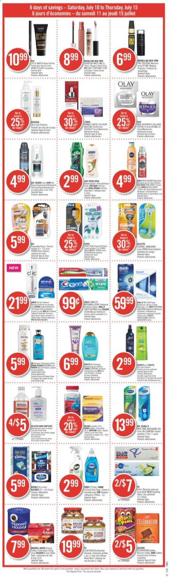 thumbnail - Shoppers Drug Mart Flyer - July 10, 2021 - July 15, 2021 - Sales products - Celebration, crackers, Club Soda, Maxwell House, Kleenex, soap, Crest, Abreva, Olay, Speed Stick, Venus, Nexium, Gillette, Maybelline. Page 16.