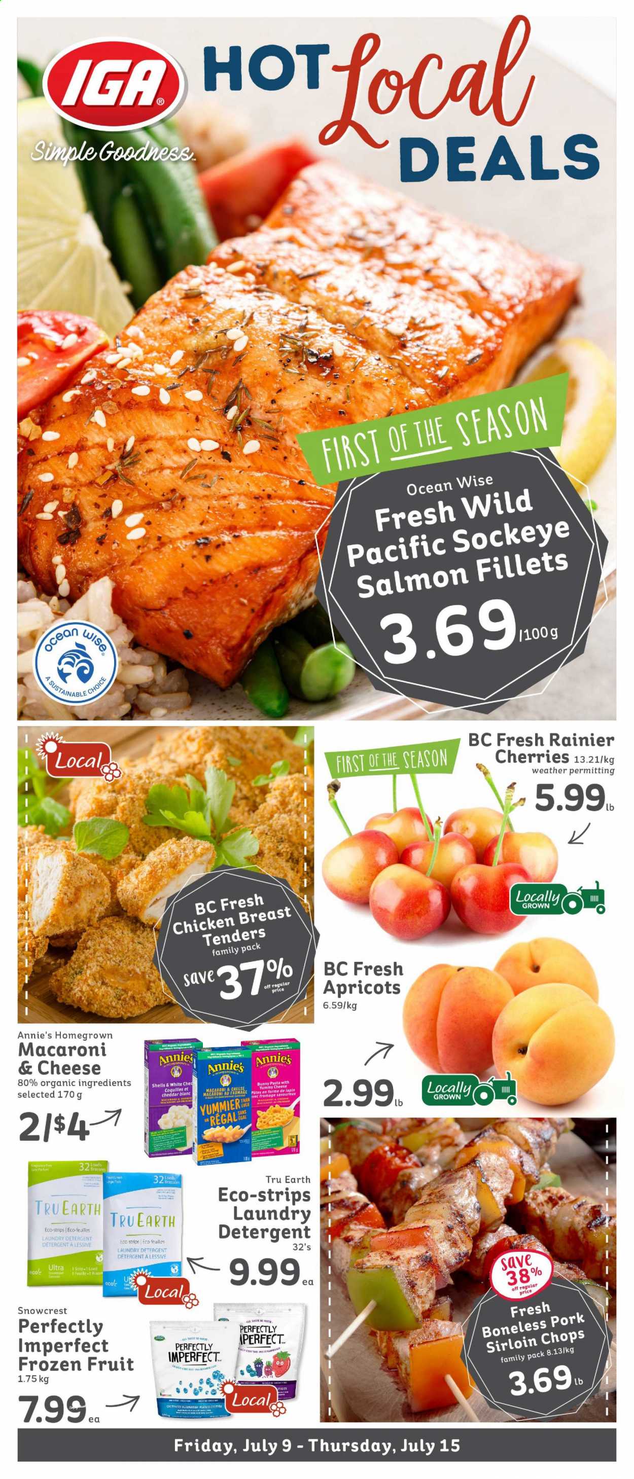 thumbnail - IGA Simple Goodness Flyer - July 09, 2021 - July 15, 2021 - Sales products - cherries, apricots, salmon, salmon fillet, macaroni & cheese, chicken tenders, pasta, Annie's, chicken, pork loin. Page 1.
