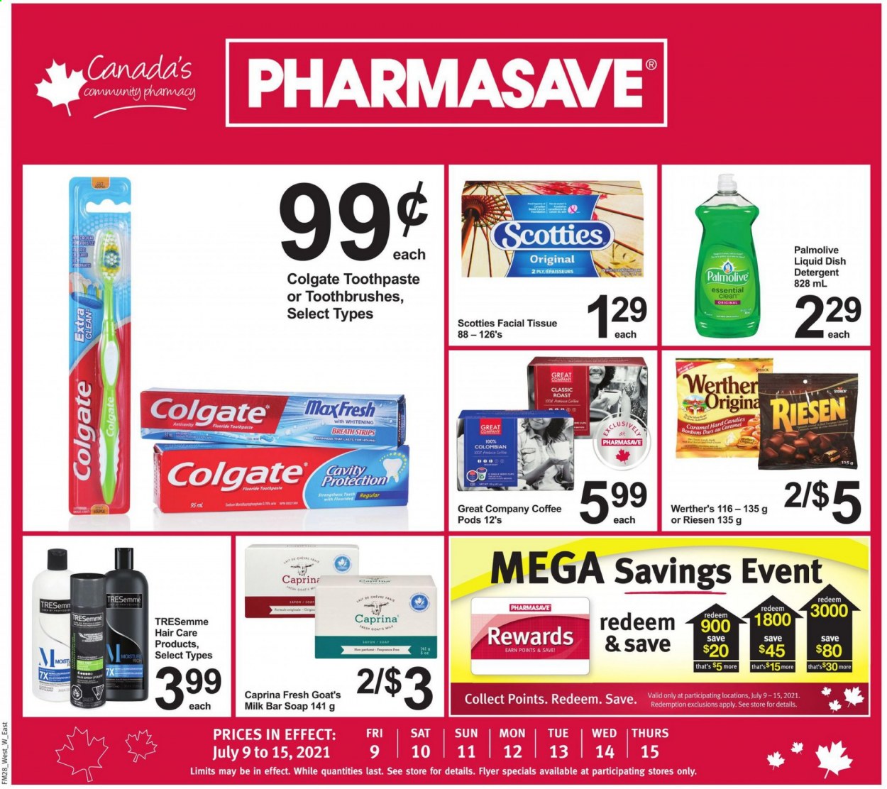 thumbnail - Pharmasave Flyer - July 09, 2021 - July 15, 2021 - Sales products - milk, strips, caramel, coffee pods, tissues, Palmolive, soap bar, soap, toothpaste, TRESemmé. Page 1.