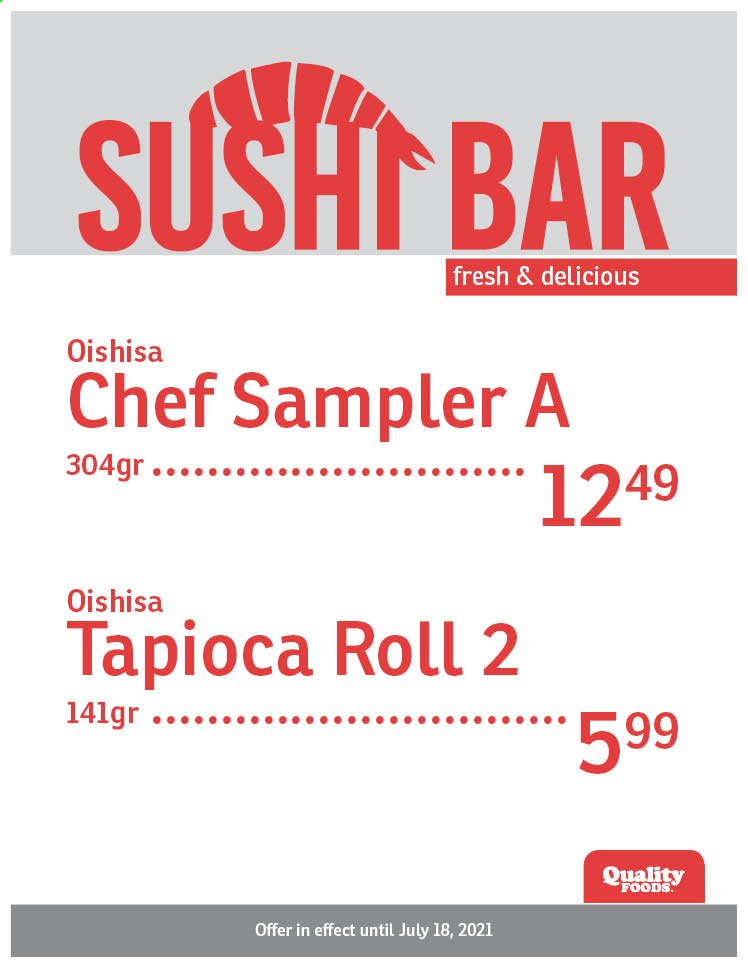 thumbnail - Circulaire Quality Foods - 12 Juillet 2021 - 18 Juillet 2021 - Produits soldés - sushi. Page 1.
