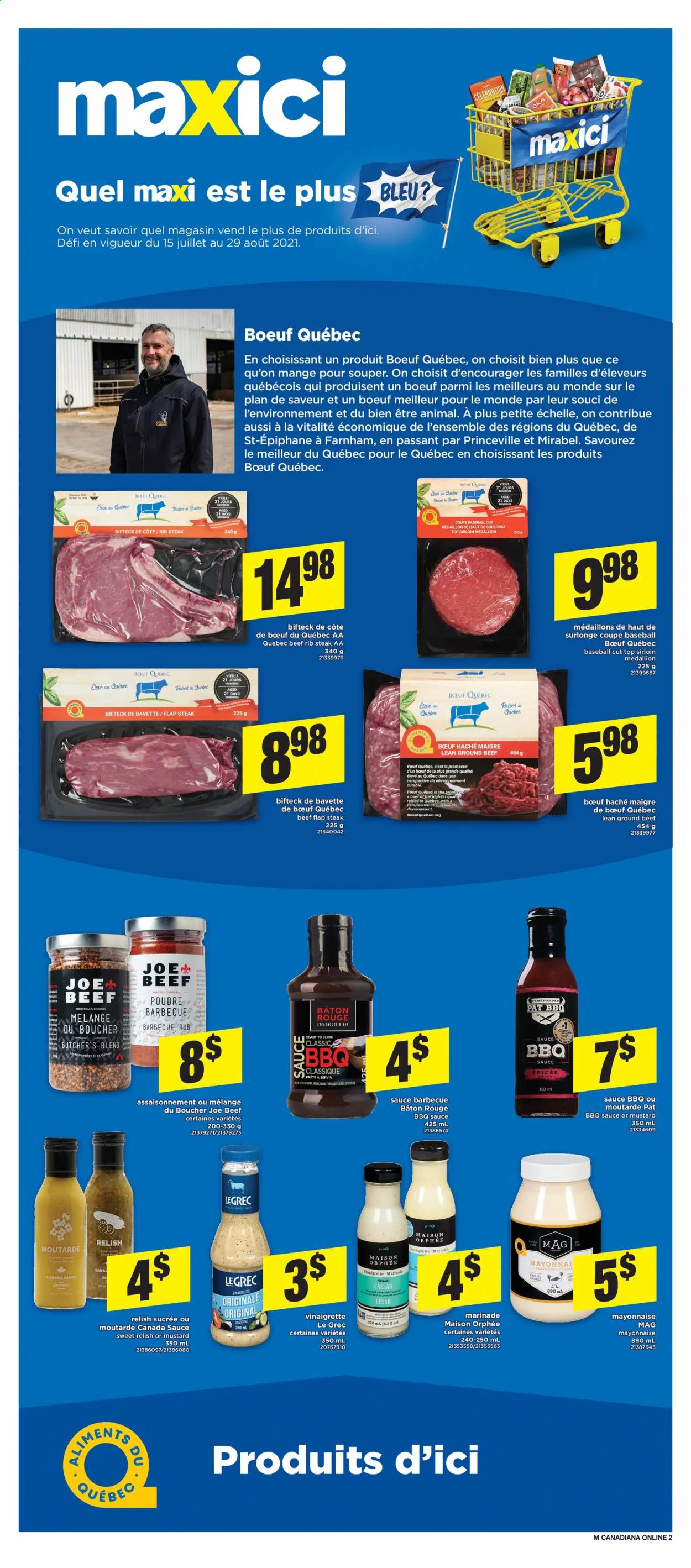 thumbnail - Maxi Flyer - July 15, 2021 - July 21, 2021 - Sales products - mayonnaise, Celebration, BBQ sauce, mustard, vinaigrette dressing, dressing, marinade, beef meat, ground beef, flap steak, steak. Page 3.