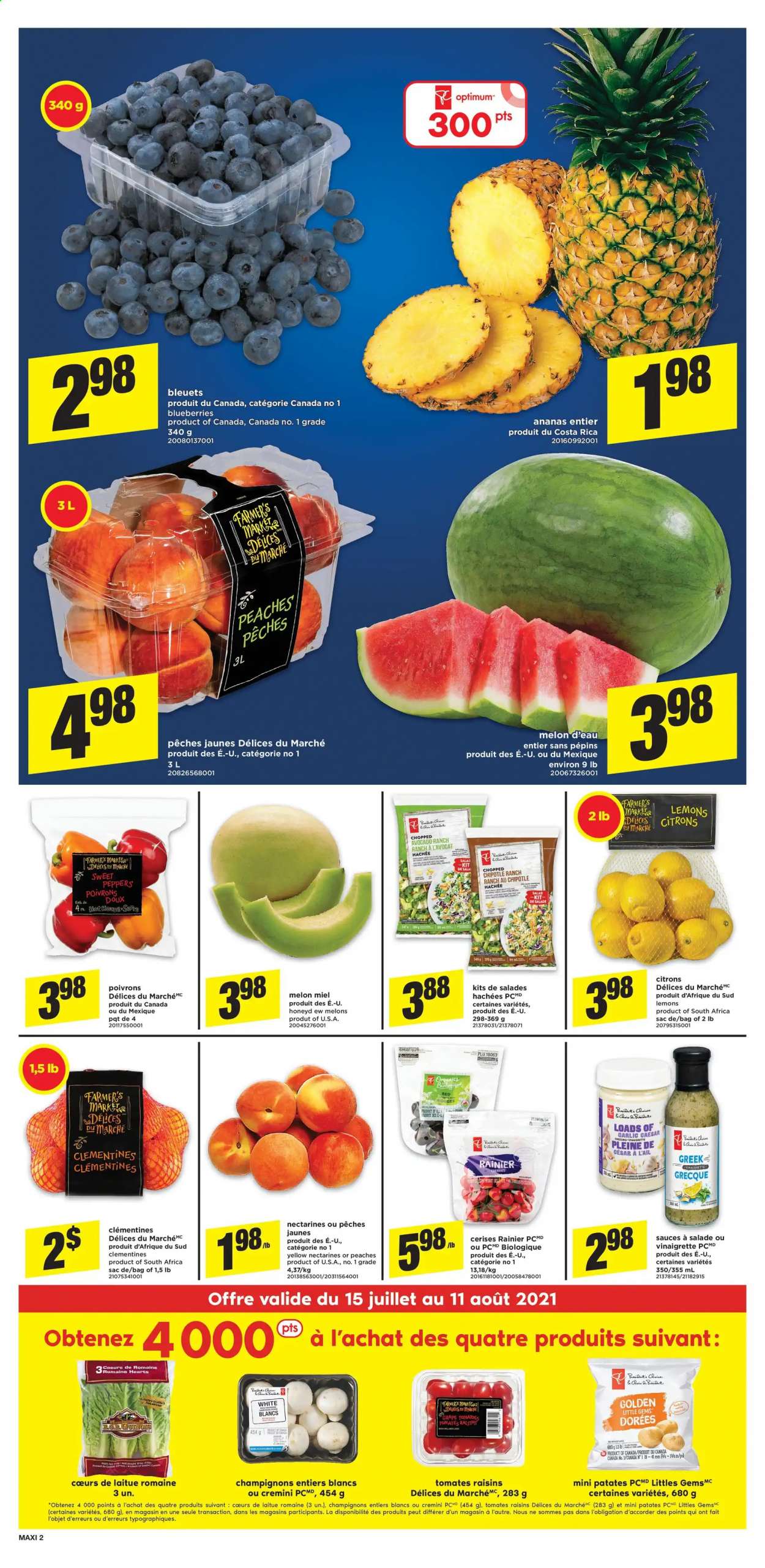 thumbnail - Maxi Flyer - July 15, 2021 - July 21, 2021 - Sales products - sweet peppers, tomatoes, salad, peppers, avocado, blueberries, clementines, nectarines, melons, lemons, peaches, vinaigrette dressing, dried fruit, raisins. Page 4.