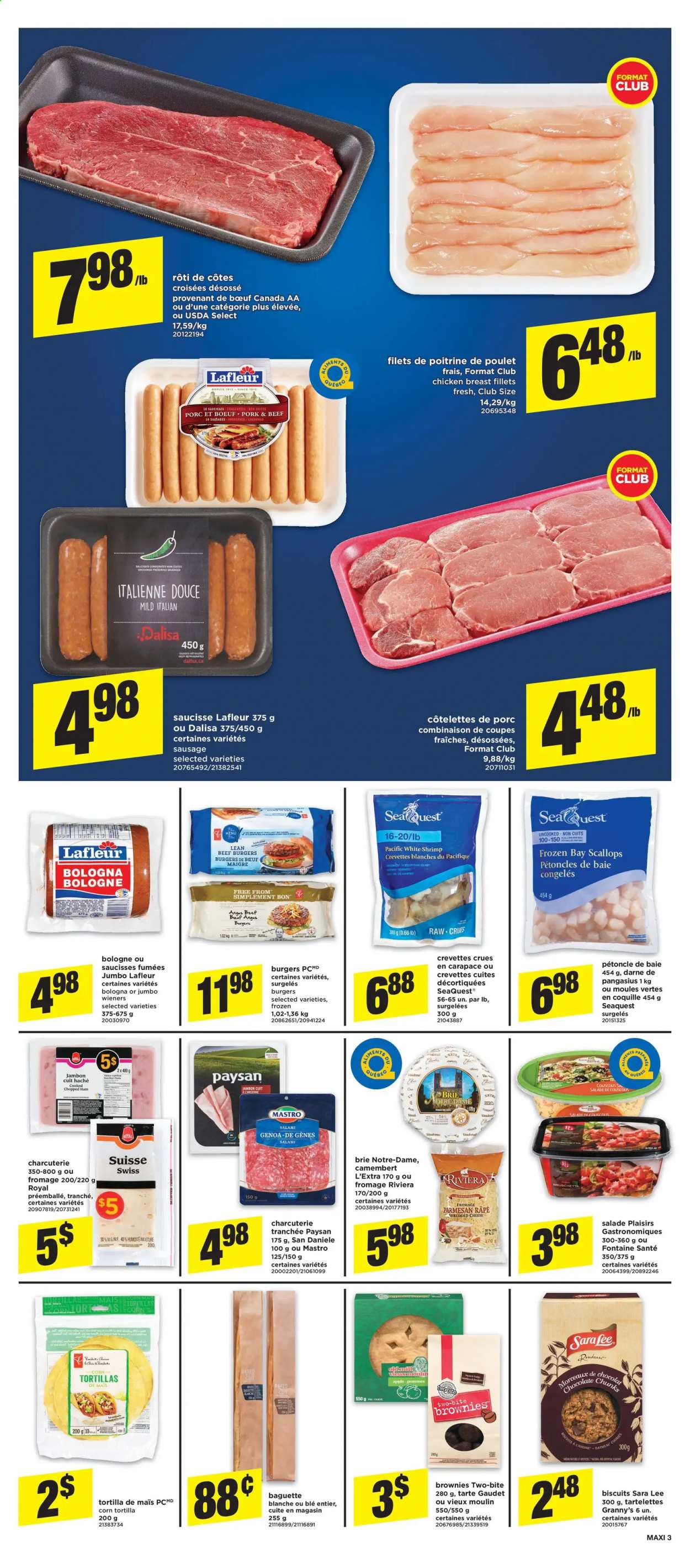 thumbnail - Maxi Flyer - July 15, 2021 - July 21, 2021 - Sales products - corn tortillas, tortillas, Sara Lee, brownies, scallops, pangasius, shrimps, hamburger, beef burger, salami, ham, bologna sausage, sausage, shredded cheese, brie, cookies, biscuit, tea, chicken breasts, chicken, beef meat. Page 5.