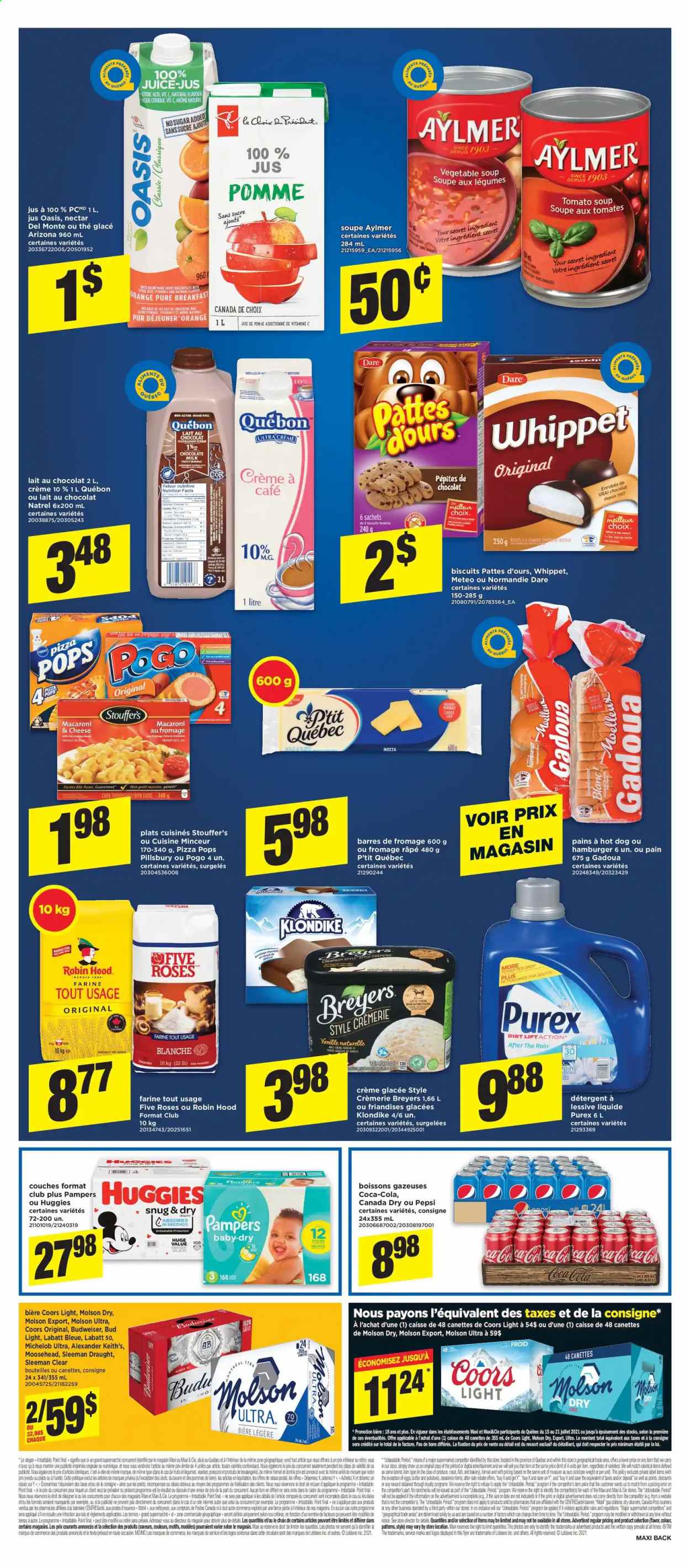 thumbnail - Maxi Flyer - July 15, 2021 - July 21, 2021 - Sales products - fish, macaroni & cheese, tomato soup, vegetable soup, hot dog, pizza, soup, hamburger, Pillsbury, milk, shake, eggs, Stouffer's, milk chocolate, chocolate, biscuit, Canada Dry, Coca-Cola, Pepsi, juice, AriZona, beer, Bud Light, Purex, Huggies, Pampers, Coors, Michelob. Page 6.