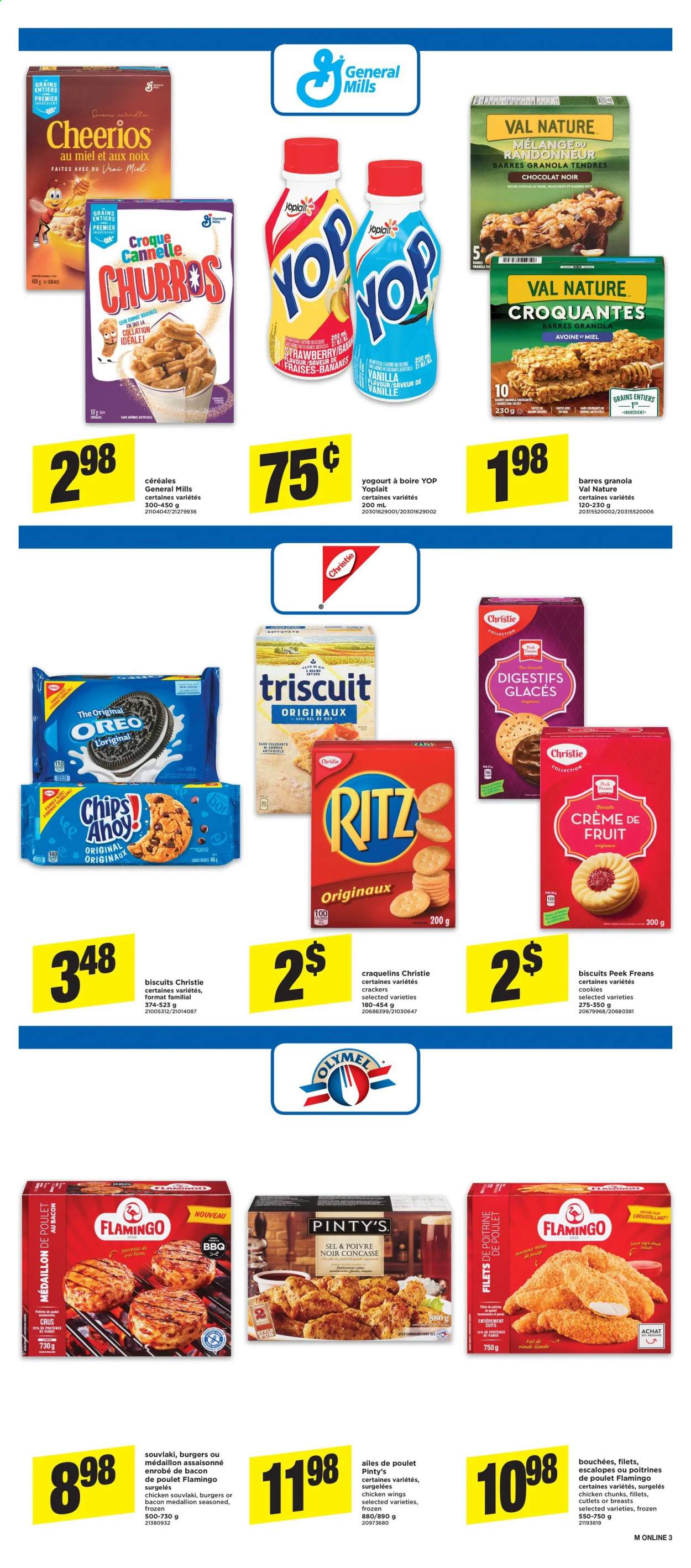 thumbnail - Maxi Flyer - July 15, 2021 - July 21, 2021 - Sales products - hamburger, sauce, bacon, Yoplait, chicken wings, cookies, crackers, biscuit, RITZ, cocoa, Cheerios, churros, dried fruit, Oreo, granola, raisins. Page 9.