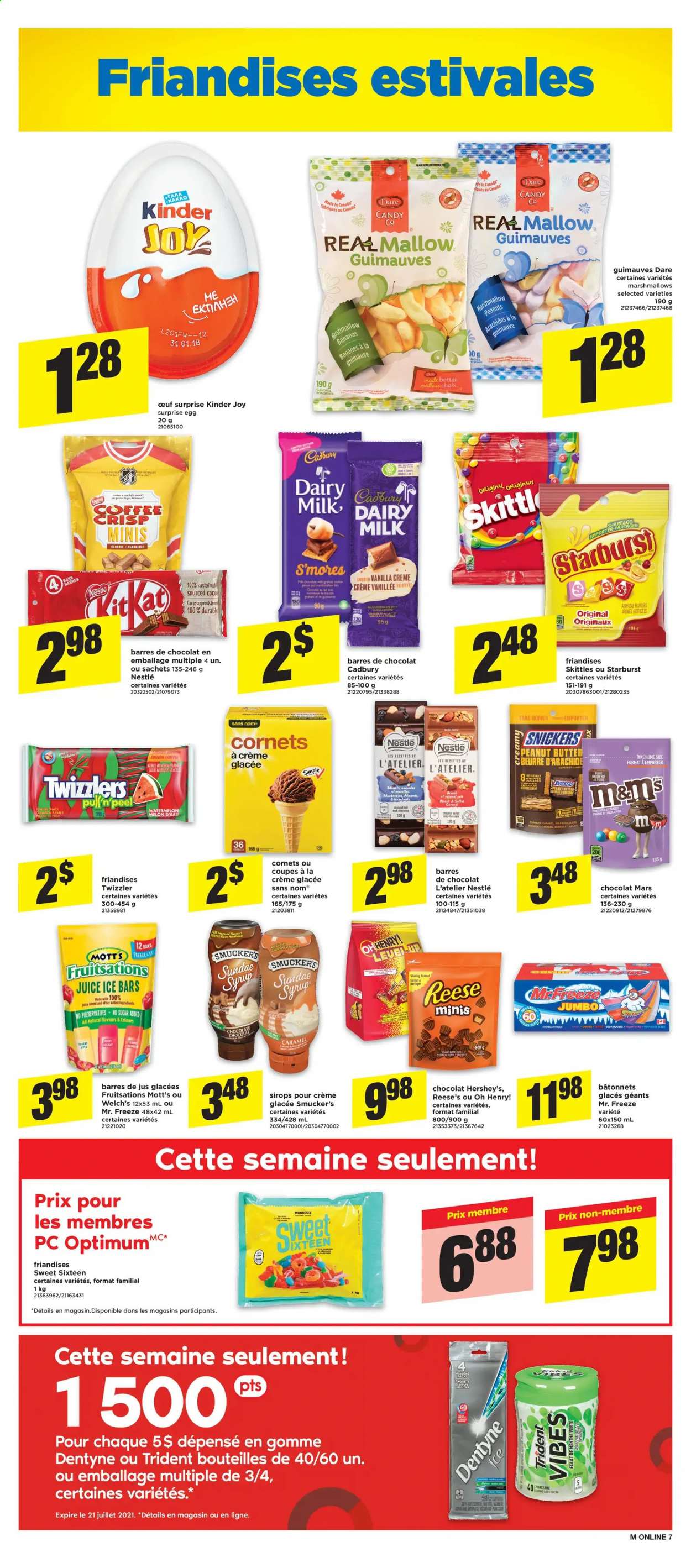 thumbnail - Maxi Flyer - July 15, 2021 - July 21, 2021 - Sales products - brownies, bananas, watermelon, melons, Welch's, Mott's, eggs, Reese's, Hershey's, marshmallows, milk chocolate, chocolate, snack, Kinder Joy, Snickers, Mars, dark chocolate, Cadbury, Skittles, Trident, Starburst, caramel, peanut butter, syrup, almonds, juice, soda, coffee, Eclat, Nestlé. Page 12.