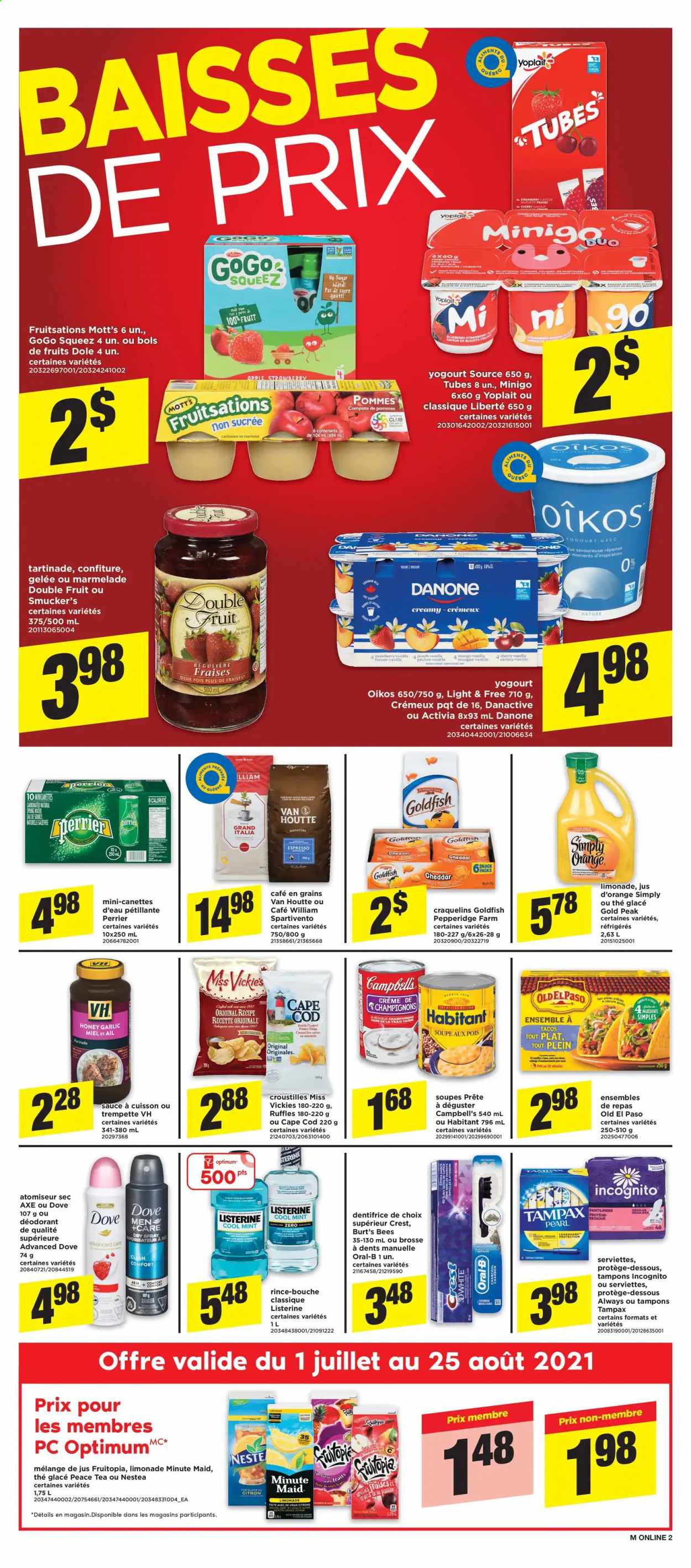 thumbnail - Maxi & Cie Flyer - July 15, 2021 - July 21, 2021 - Sales products - Old El Paso, tacos, garlic, Dole, mango, cherries, Mott's, cod, Campbell's, cheese, Activia, Oikos, Yoplait, snack, Goldfish, Ruffles, compote, marinade, honey, Perrier, fruit punch, tea, Crest, pantiliners, tampons, anti-perspirant, Sure, Danone, Listerine, Tampax, Oral-B, deodorant. Page 8.