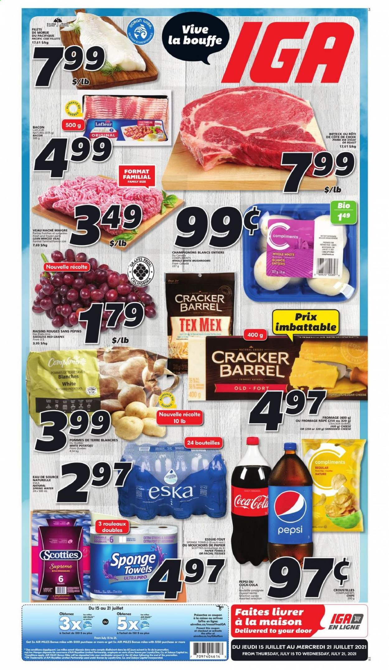 thumbnail - IGA Flyer - July 15, 2021 - July 21, 2021 - Sales products - mushrooms, potatoes, cod, bacon, shredded cheese, crackers, dried fruit, Coca-Cola, Pepsi, spring water, raisins, steak. Page 1.