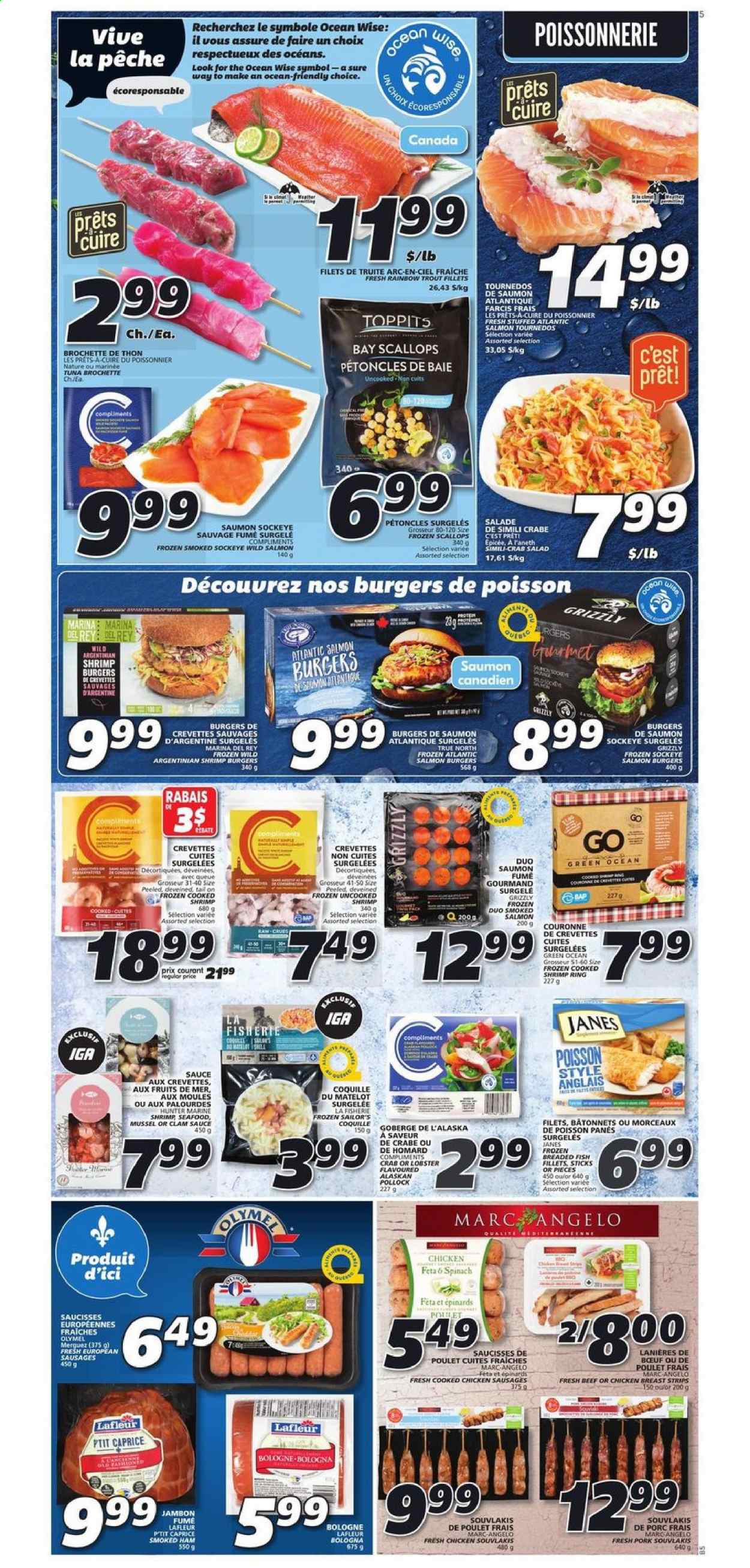 thumbnail - IGA Flyer - July 15, 2021 - July 21, 2021 - Sales products - salad, clams, fish fillets, lobster, mussels, salmon, scallops, smoked salmon, trout, tuna, pollock, seafood, crab, fish, shrimps, hamburger, sauce, breaded fish, ham, smoked ham, bologna sausage, sausage, crab salad, strips, chicken. Page 5.