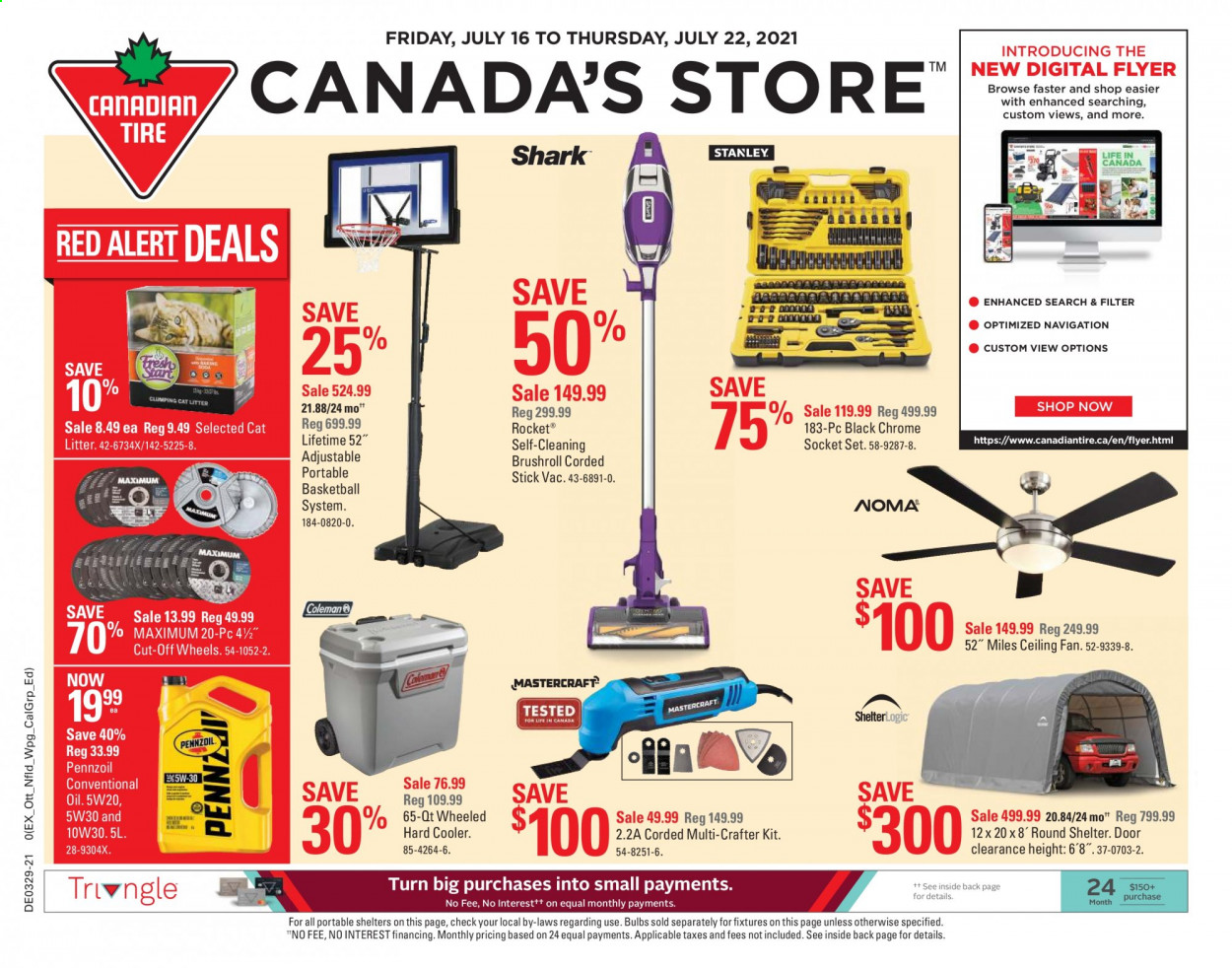 thumbnail - Canadian Tire Flyer - July 16, 2021 - July 22, 2021 - Sales products - bulb, ceiling fan, portable basketball system, basketball, rocket, socket, grinding wheel, socket set, conventional oil, Pennzoil. Page 1.