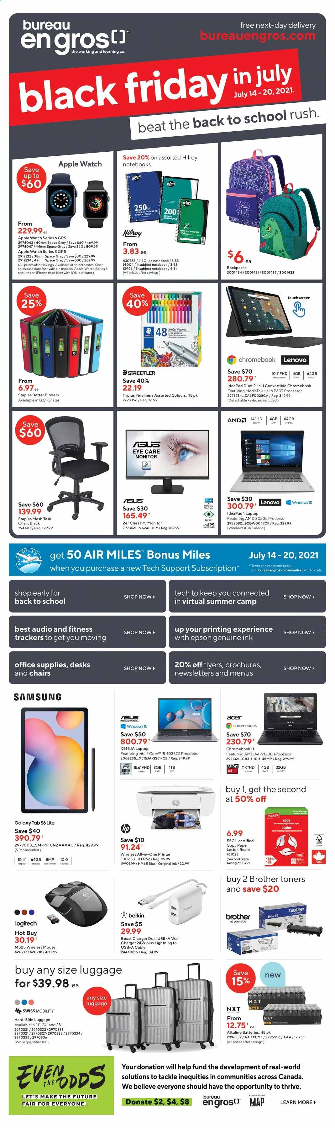 thumbnail - Bureau en Gros Flyer - July 14, 2021 - July 20, 2021 - Sales products - Intel, Apple, Acer, Hewlett Packard, Samsung Galaxy, Samsung Galaxy Tab, wall charger, Brother, pen, keyboard, Samsung, iPhone, laptop, chromebook, Logitech, mouse, all-in-one printer, printer, Epson, task chair, Lenovo, monitor, chair. Page 1.