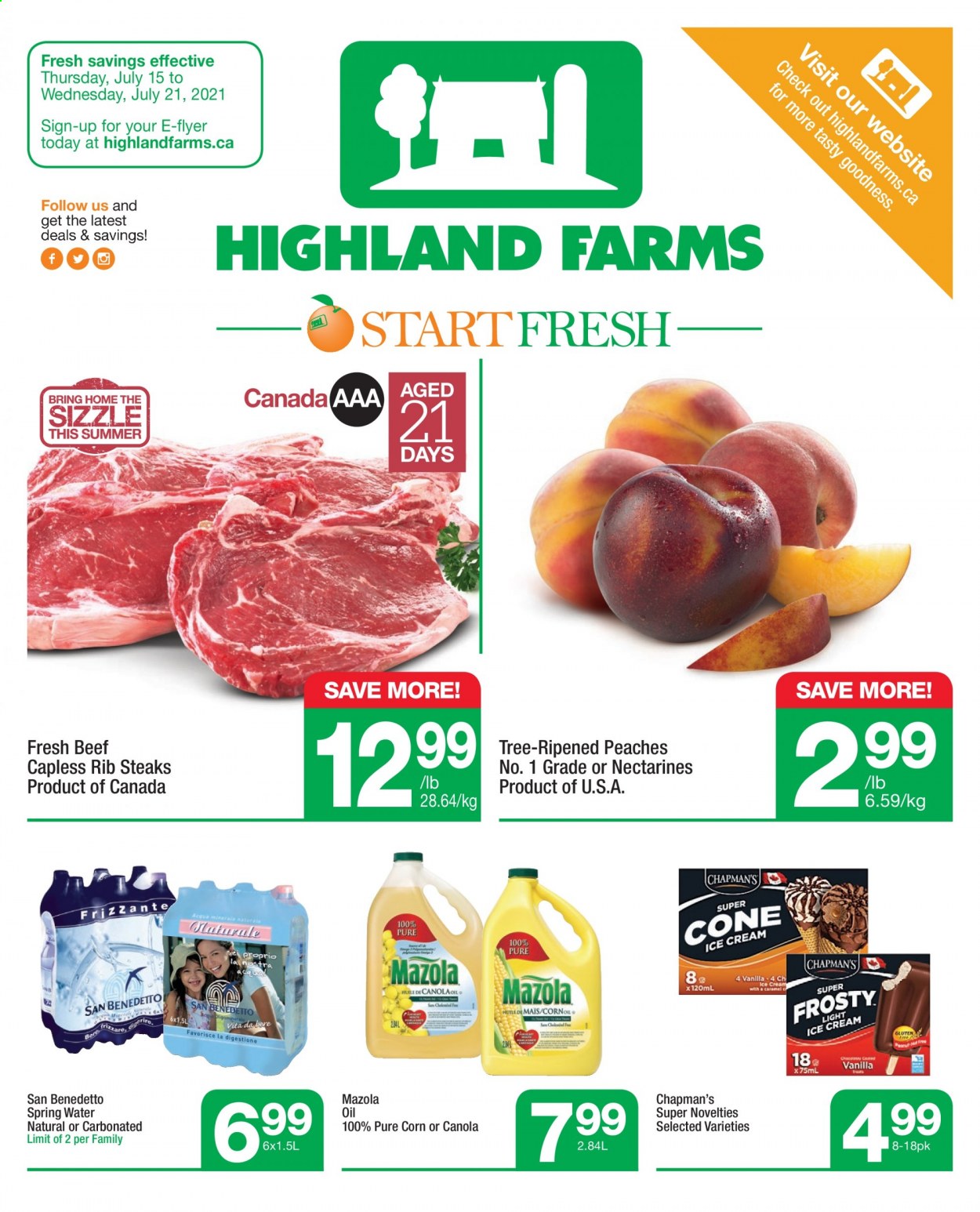 thumbnail - Circulaire Highland Farms - 15 Juillet 2021 - 21 Juillet 2021 - Produits soldés - nectarine, huile, steak. Page 1.