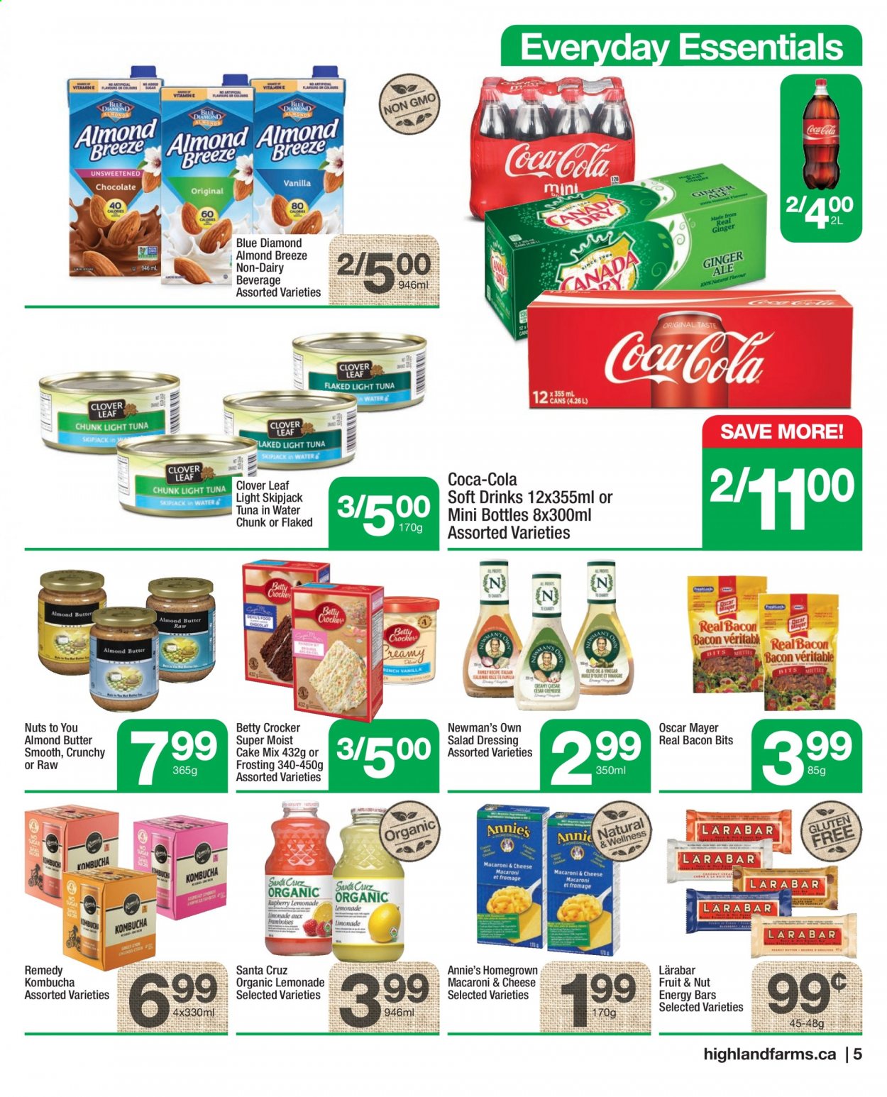 thumbnail - Highland Farms Flyer - July 15, 2021 - July 21, 2021 - Sales products - cake mix, tuna, macaroni & cheese, Annie's, Oscar Mayer, Clover, Almond Breeze, almond butter, chocolate, frosting, bacon bits, tuna in water, light tuna, energy bar, salad dressing, dressing, vinegar, Blue Diamond, Coca-Cola, ginger ale, lemonade, soft drink, kombucha. Page 5.