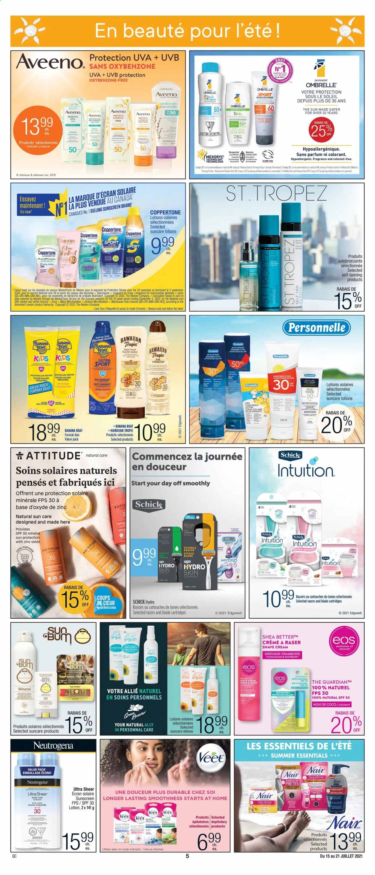 thumbnail - Jean Coutu Flyer - July 15, 2021 - July 21, 2021 - Sales products - Boost, Johnson's, Aveeno, body lotion, body mist, sunscreen lotion, fragrance, Schick, Veet, shave cream, eraser, Garnier, Neutrogena. Page 3.