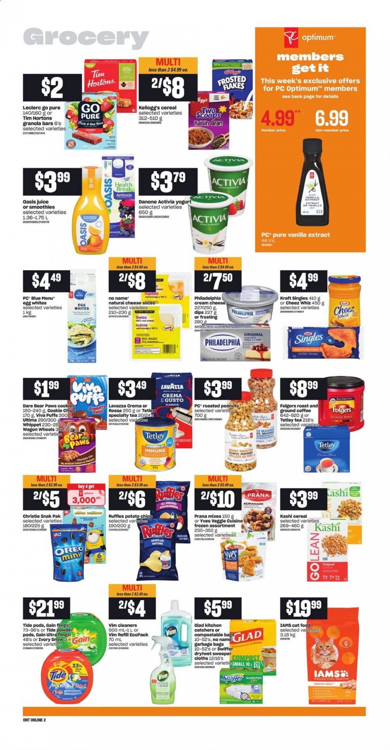 thumbnail - Independent Flyer - July 15, 2021 - July 21, 2021 - Sales products - puffs, lemons, No Name, Kraft®, cream cheese, sandwich slices, sliced cheese, cheese, Kraft Singles, yoghurt, Activia, eggs, cookies, chocolate, Kellogg's, potato chips, Ruffles, frosting, oats, vanilla extract, cereals, granola bar, Frosted Flakes, Raisin Bran, Classico, roasted peanuts, peanuts, juice, tea, herbal tea, coffee, Folgers, ground coffee, Lavazza, Gain, Swiffer, Tide, bag, Paws, animal food, cat food, Optimum, Iams, wagon, Oreo, Danone. Page 6.