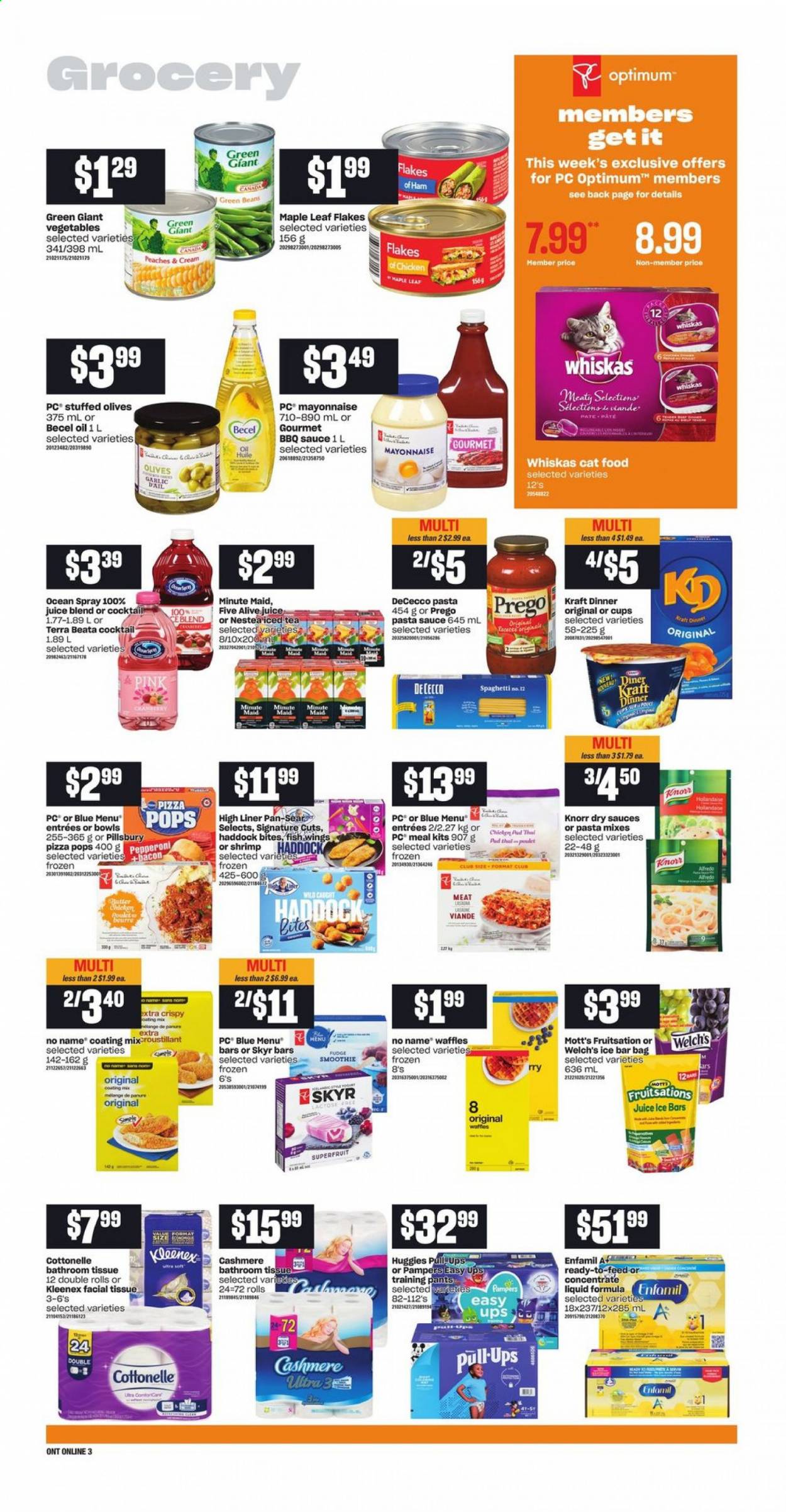 thumbnail - Independent Flyer - July 15, 2021 - July 21, 2021 - Sales products - waffles, beans, garlic, green beans, peaches, Welch's, Mott's, haddock, fish, shrimps, No Name, spaghetti, pizza, pasta sauce, Pillsbury, Kraft®, ham, mayonnaise, fudge, BBQ sauce, oil, juice, ice tea, fruit punch, smoothie, Enfamil, pants, baby pants, bath tissue, Cottonelle, Kleenex, XTRA, bag, pan, cup, animal food, cat food, Optimum, Knorr, Huggies, Pampers, olives. Page 7.