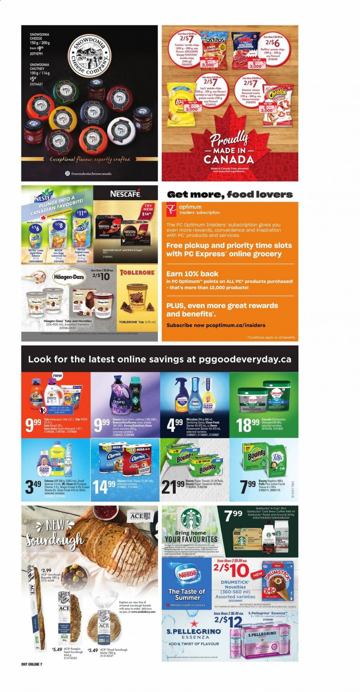 thumbnail - Independent Flyer - July 15, 2021 - July 21, 2021 - Sales products - Ace, cheese, Häagen-Dazs, snack, Bounty, Toblerone, tortilla chips, potato chips, Cheetos, Lay’s, Ruffles, Tostitos, ice tea, San Pellegrino, coffee, coffee capsules, Starbucks, K-Cups, napkins, bath tissue, kitchen towels, paper towels, Charmin, Febreze, Gain, cleaner, all purpose cleaner, Tide, fabric softener, liquid detergent, Bounce, Cascade, dryer sheets, scent booster, Downy Laundry, eraser, Optimum, Nestlé, chips, Nescafé. Page 11.