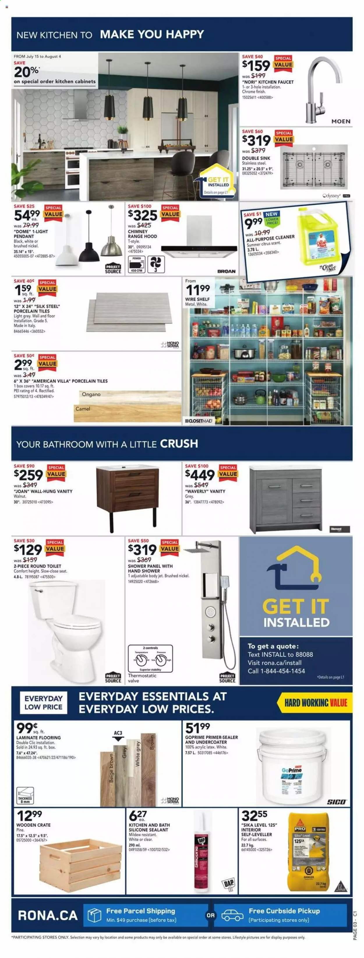 thumbnail - RONA Flyer - July 15, 2021 - July 21, 2021 - Sales products - kitchen cabinet, vanity, toilet, hand shower, faucet, sink, silicone sealants, flooring, laminate floor, crate. Page 4.