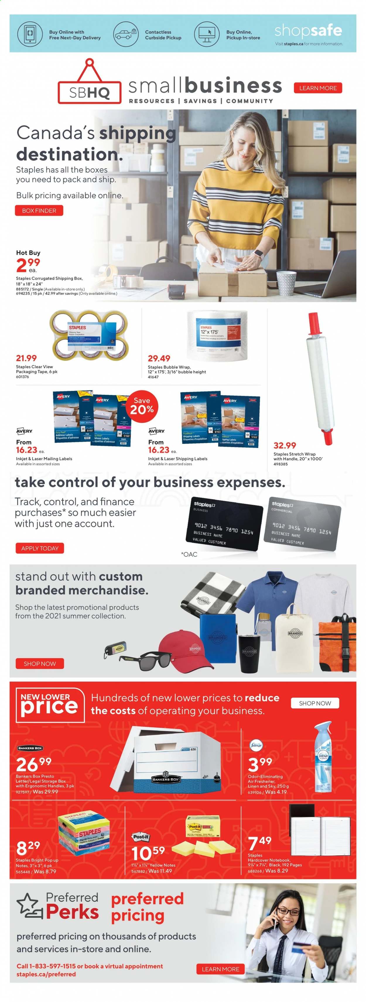 thumbnail - Staples Flyer - July 14, 2021 - July 20, 2021 - Sales products - storage box, bubble wrap, Post-It, air freshener, book, linens, Febreze. Page 2.