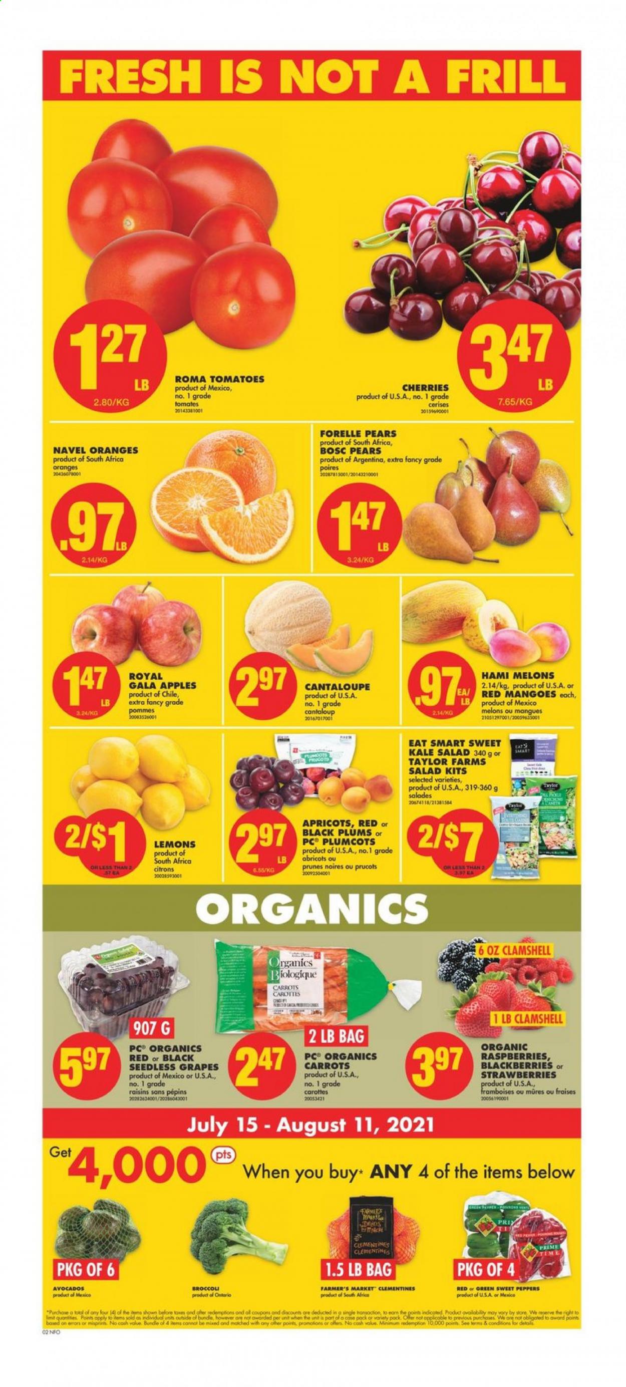thumbnail - No Frills Flyer - July 15, 2021 - July 21, 2021 - Sales products - broccoli, cantaloupe, carrots, sweet peppers, tomatoes, kale, salad, peppers, apples, avocado, blackberries, clementines, Gala, grapes, seedless grapes, strawberries, plums, cherries, pears, melons, apricots, lemons, black plums, navel oranges, prunes, dried fruit, raisins. Page 4.