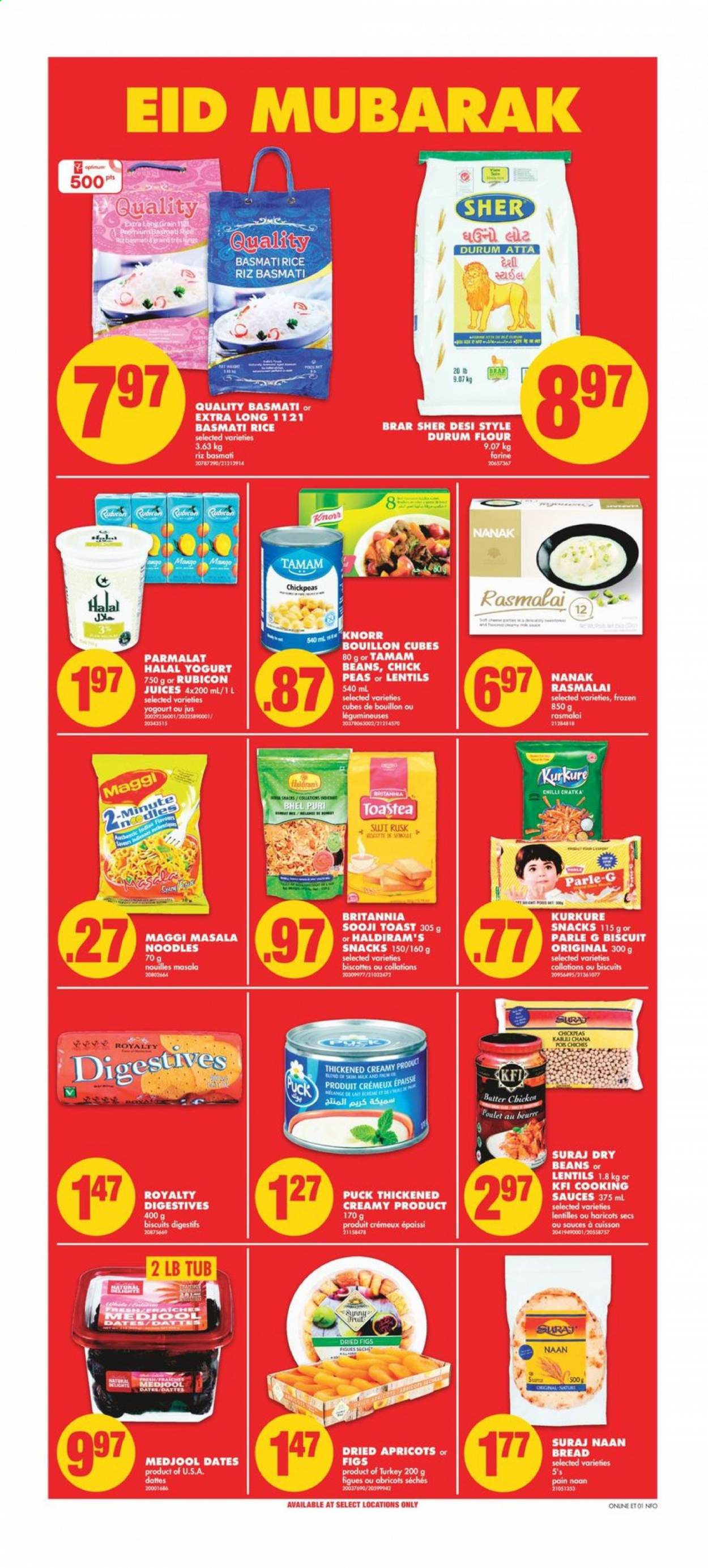 thumbnail - No Frills Flyer - July 15, 2021 - July 21, 2021 - Sales products - bread, rusks, peas, figs, apricots, instant noodles, noodles, Puck, yoghurt, Parmalat, snack, biscuit, Parle, bouillon, flour, Maggi, lentils, basmati rice, rice, chickpeas, dry beans, dried fruit, dried dates, dried figs, juice, Knorr. Page 11.