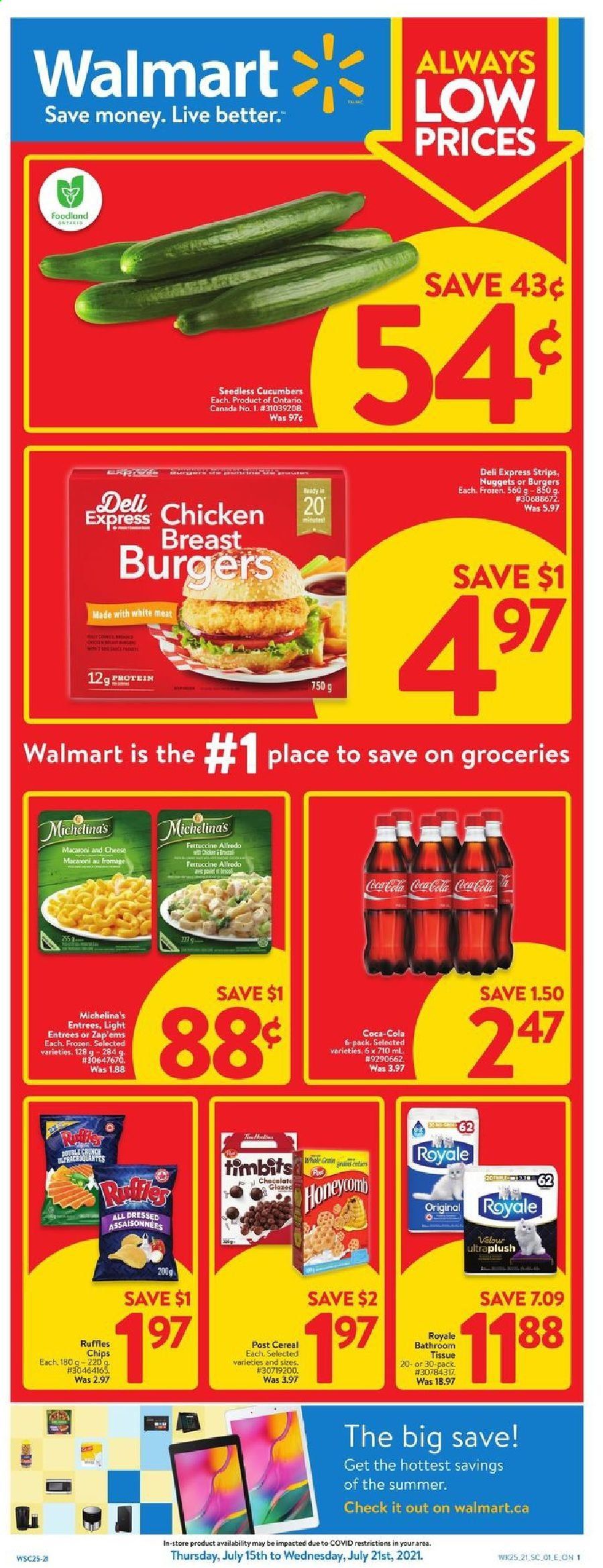 thumbnail - Walmart Flyer - July 15, 2021 - July 21, 2021 - Sales products - cucumber, macaroni & cheese, nuggets, strips, Ruffles, cereals, Coca-Cola, chicken breasts, chicken, bath tissue. Page 1.