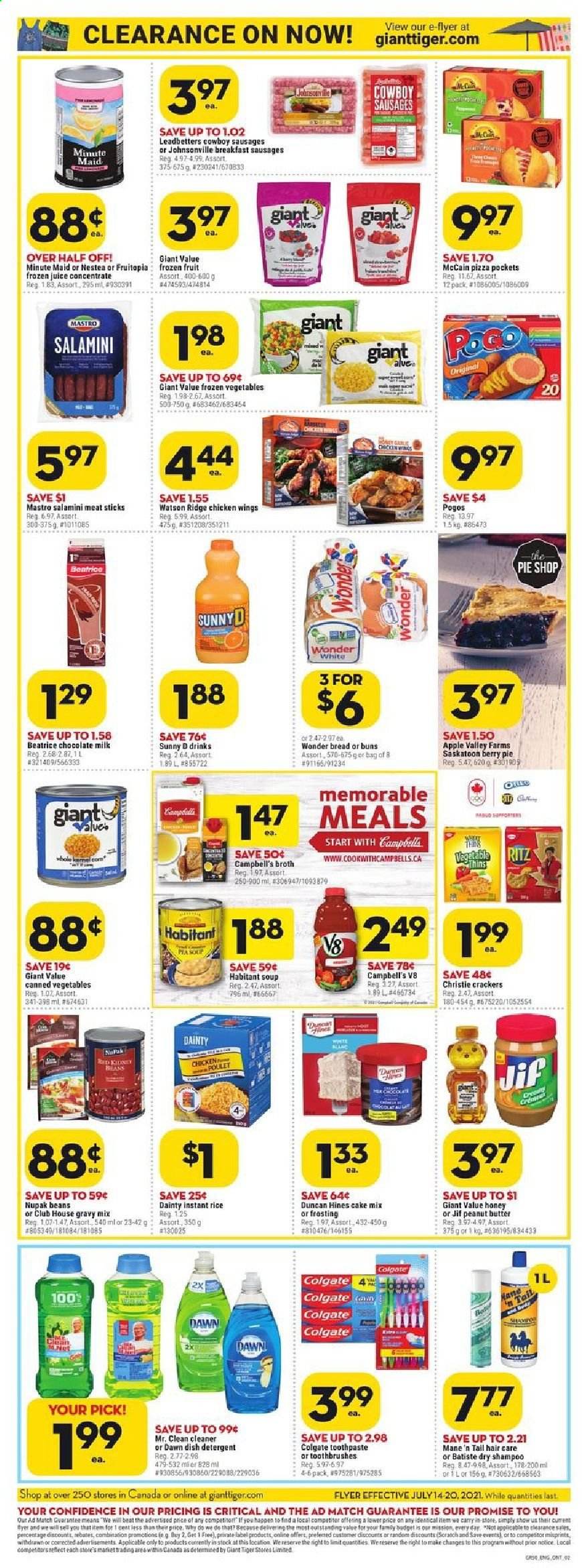 thumbnail - Giant Tiger Flyer - July 14, 2021 - July 20, 2021 - Sales products - bread, buns, cake mix, beans, Campbell's, pizza, soup, Johnsonville, sausage, milk, frozen vegetables, chicken wings, McCain, milk chocolate, chocolate, crackers, RITZ, Thins, broth, canned vegetables, rice, gravy mix, peanut butter, Jif, juice, fruit punch, L'Or, cleaner, toothpaste, shampoo. Page 2.