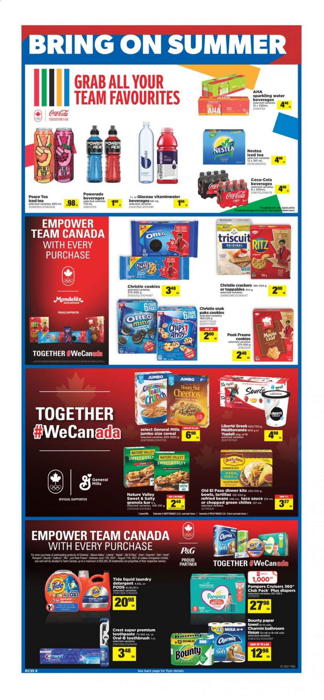 thumbnail - Real Canadian Superstore Flyer - July 15, 2021 - July 21, 2021 - Sales products - tortillas, Old El Paso, beans, sauce, dinner kit, Yoplait, cookies, Bounty, crackers, Cadbury, RITZ, refried beans, cereals, Cheerios, granola bar, Nature Valley, cinnamon, taco sauce, Coca-Cola, Powerade, ice tea, sparkling water, nappies, bath tissue, paper towels, Charmin, Tide, laundry detergent, toothbrush, toothpaste, Crest, pin, Oreo, granola, Pampers, Oral-B, chips. Page 8.