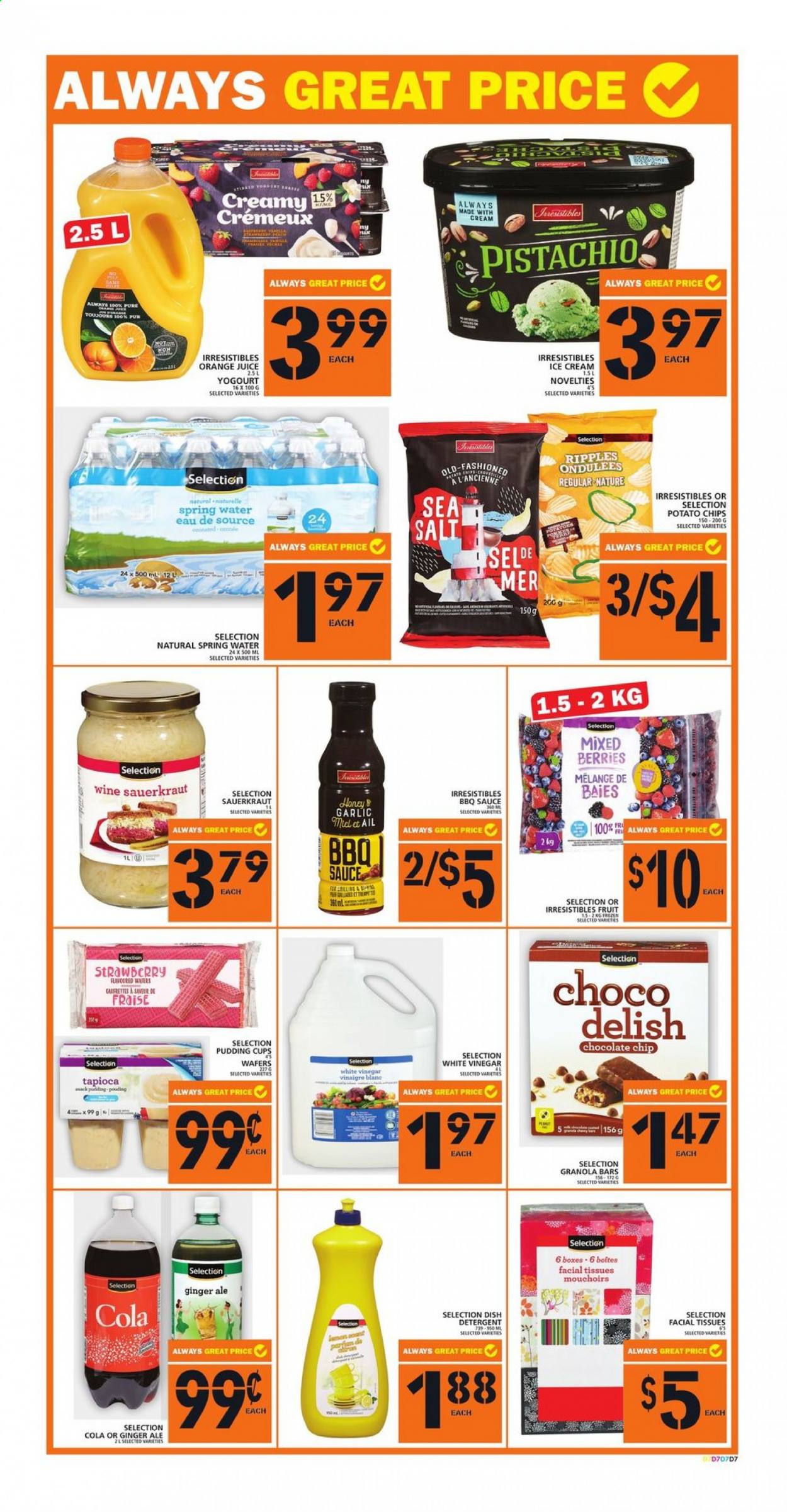 thumbnail - Food Basics Flyer - July 15, 2021 - July 21, 2021 - Sales products - garlic, Gala, sauce, pudding, ice cream, wafers, potato chips, sauerkraut, granola bar, BBQ sauce, ginger ale, orange juice, juice, spring water, tissues, facial tissues, pan, cup. Page 9.