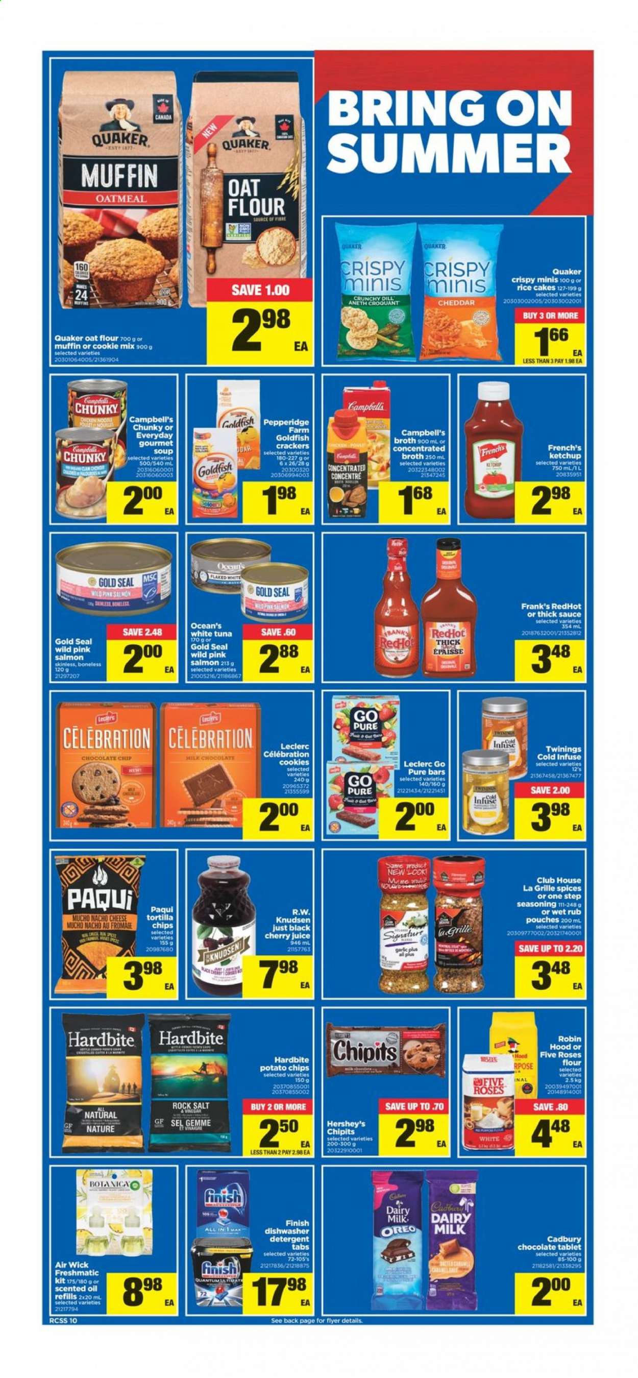 thumbnail - Real Canadian Superstore Flyer - July 15, 2021 - July 21, 2021 - Sales products - tablet, tortillas, Ace, cherries, salmon, tuna, Campbell's, sauce, Quaker, cheese, Hershey's, Celebration, crackers, Cadbury, Dairy Milk, potato chips, Goldfish, oatmeal, oats, salt, broth, dill, spice, oil, cherry juice, juice, Twinings, Air Wick, scented oil, Oreo, chips. Page 10.