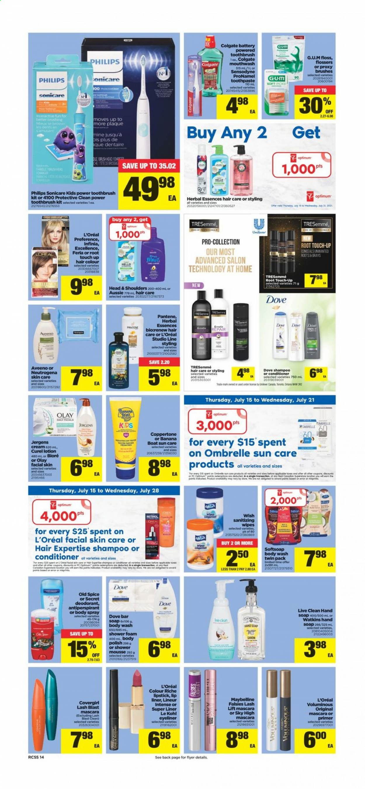 thumbnail - Real Canadian Superstore Flyer - July 15, 2021 - July 21, 2021 - Sales products - spice, tea, wipes, Aveeno, antiseptic wipes, body wash, Softsoap, hand soap, soap bar, soap, toothbrush, toothpaste, mouthwash, L’Oréal, Olay, Curél, Bioré®, Root Touch-Up, Aussie, conditioner, TRESemmé, hair color, Herbal Essences, body lotion, body spray, Jergens, anti-perspirant, polish, lipstick, eyeliner, Optimum, Sonicare, mascara, Maybelline, Neutrogena, shampoo, Head & Shoulders, Pantene, Old Spice, Sensodyne, deodorant. Page 14.