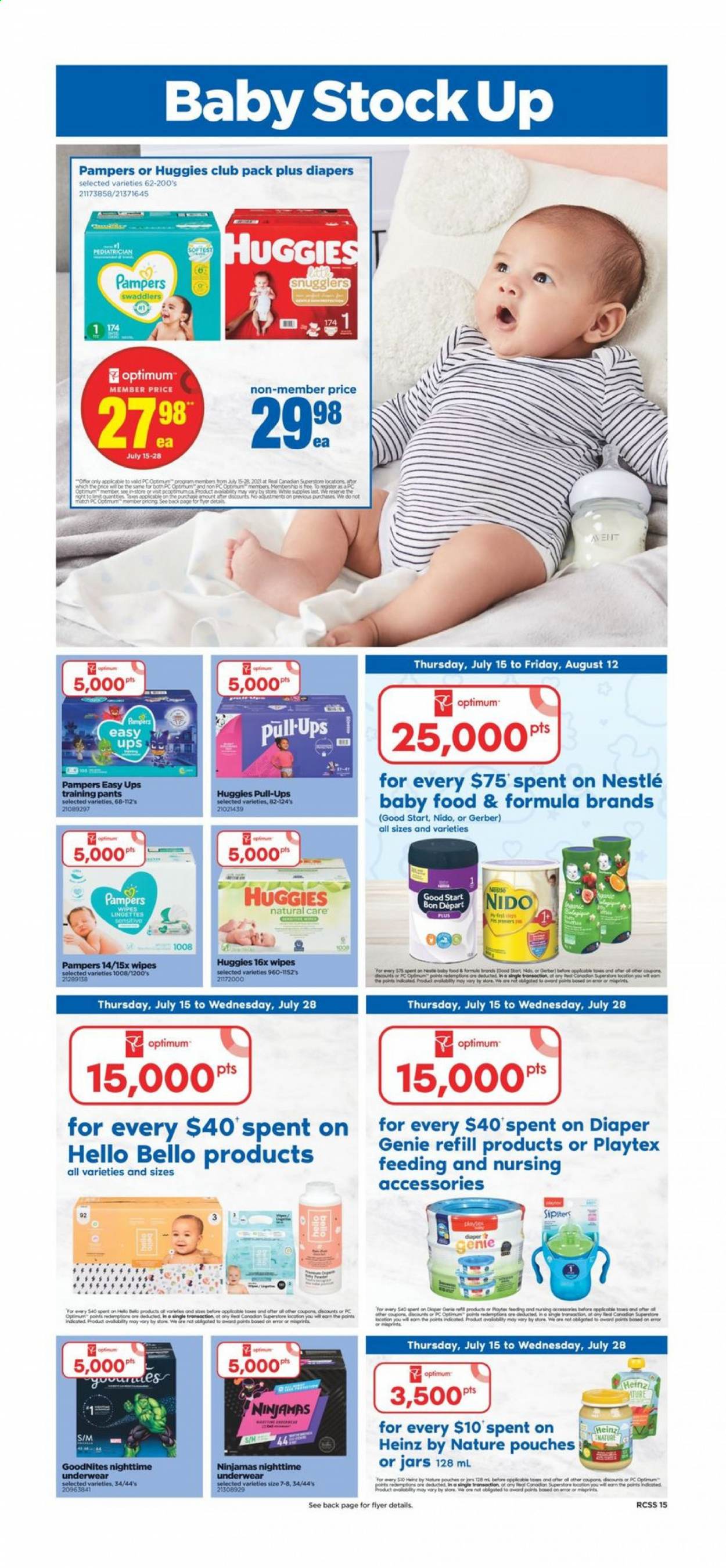 thumbnail - Real Canadian Superstore Flyer - July 15, 2021 - July 21, 2021 - Sales products - Gerber, Heinz, wipes, pants, nappies, baby pants, Playtex, jar, Optimum, Nestlé, Huggies, Pampers. Page 15.