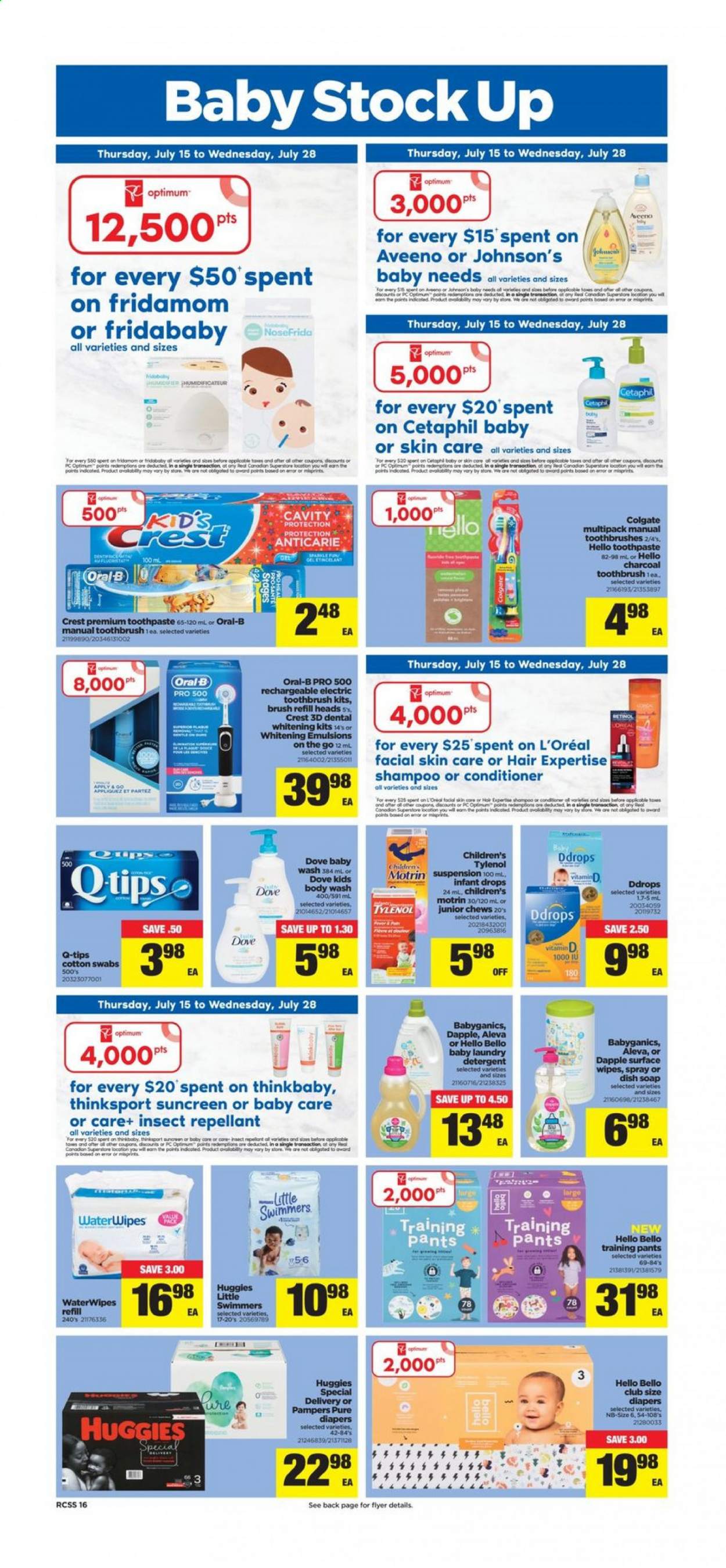 thumbnail - Real Canadian Superstore Flyer - July 15, 2021 - July 21, 2021 - Sales products - chewing gum, wipes, pants, nappies, Johnson's, baby pants, Aveeno, laundry detergent, body wash, soap, toothbrush, toothpaste, charcoal toothbrush, Crest, L’Oréal, conditioner, Optimum, electric toothbrush, Tylenol, Motrin, shampoo, Huggies, Pampers, Oral-B. Page 16.