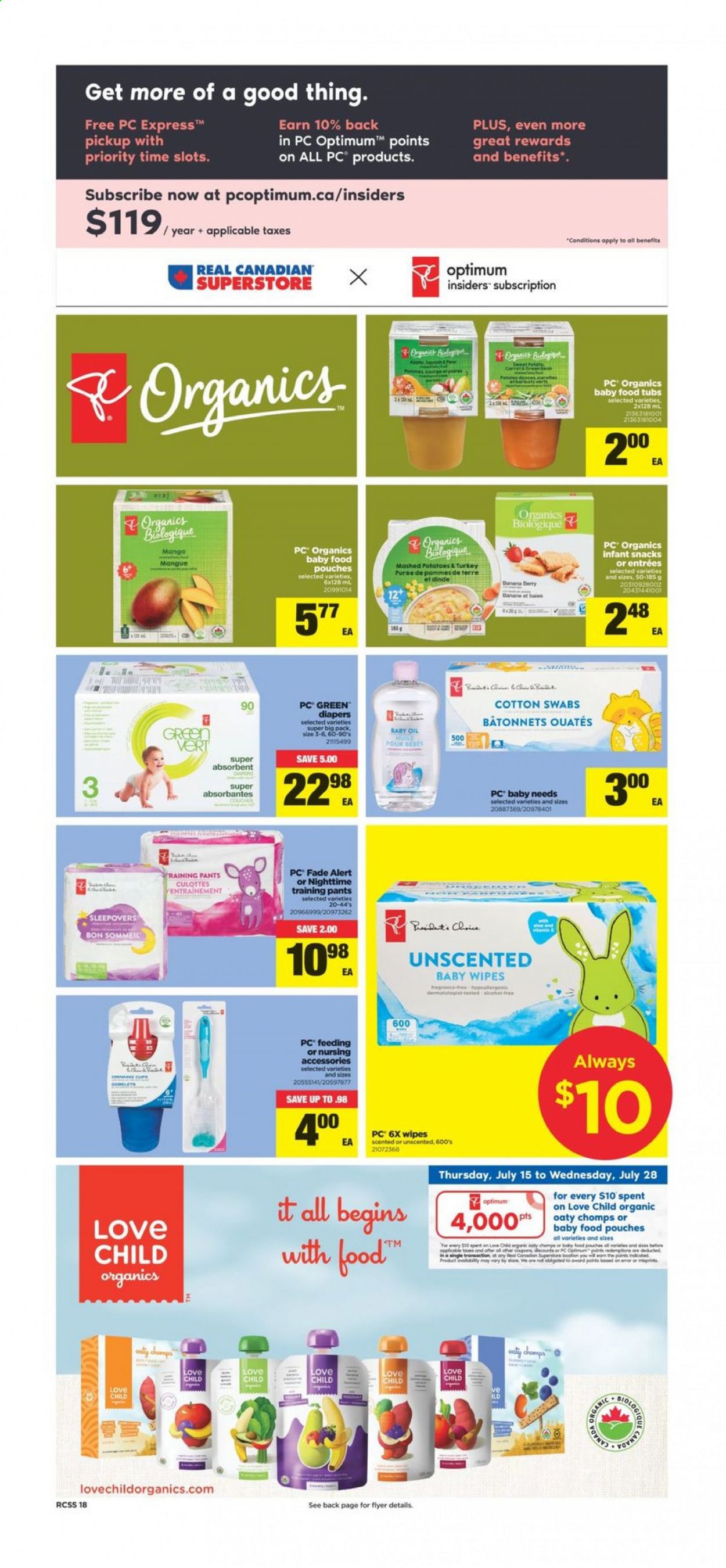 thumbnail - Real Canadian Superstore Flyer - July 15, 2021 - July 21, 2021 - Sales products - Apple, mashed potatoes, snack, oil, wipes, pants, baby wipes, nappies, baby pants, baby oil, fragrance, Optimum. Page 18.