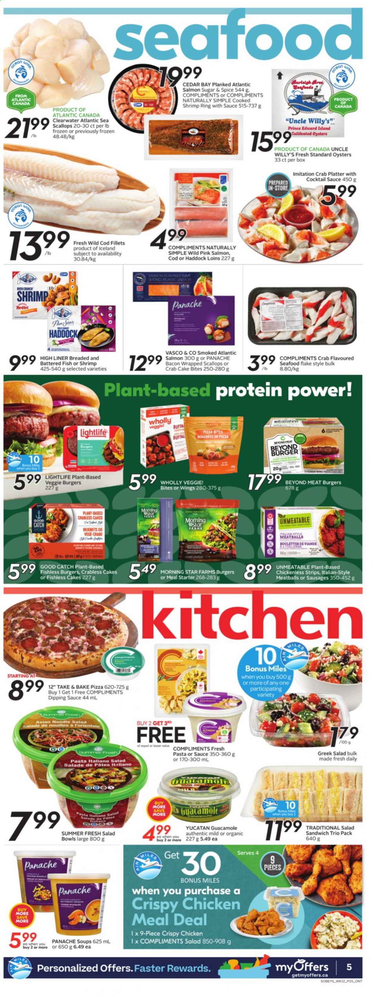 thumbnail - Sobeys Flyer - July 15, 2021 - July 21, 2021 - Sales products - bacon wrapped scallops, cod, salmon, scallops, haddock, oysters, seafood, crab, fish, shrimps, pizza, meatballs, sandwich, noodles, veggie burger, bacon, sausage, guacamole, strips, sugar, spice, cocktail sauce. Page 5.