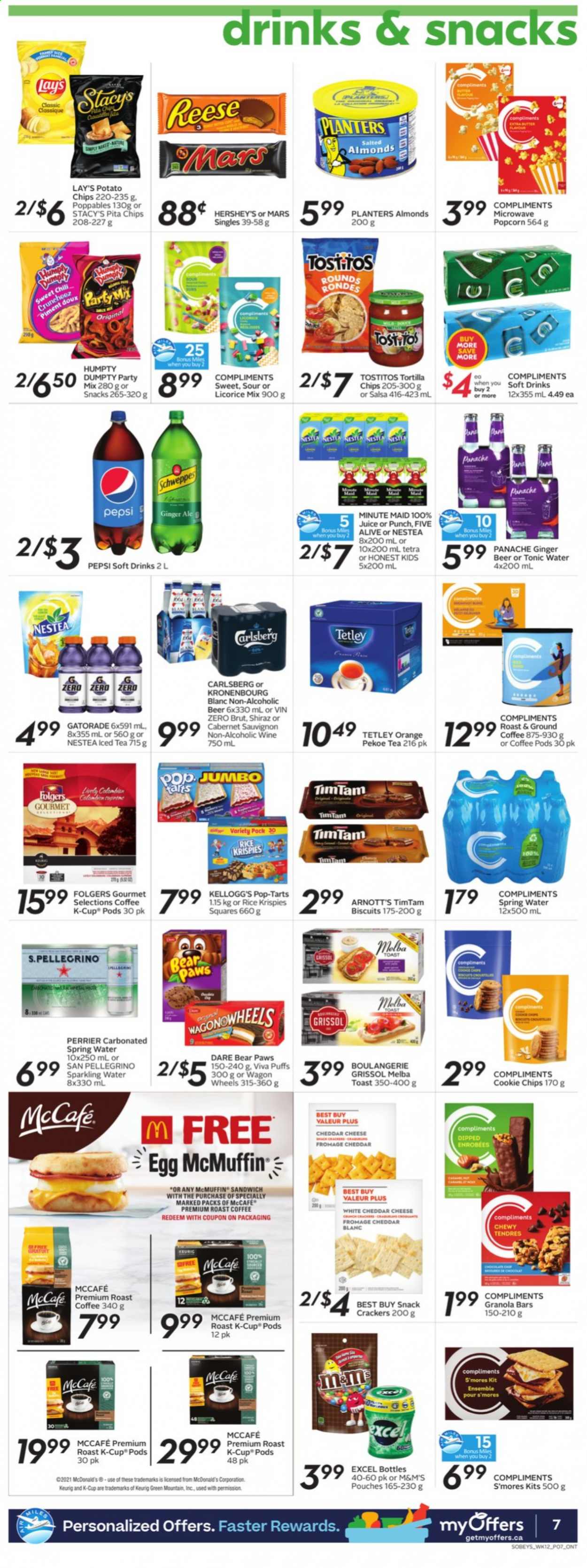 thumbnail - Sobeys Flyer - July 15, 2021 - July 21, 2021 - Sales products - puffs, sandwich, cheese, eggs, butter, Hershey's, Mars, crackers, Kellogg's, biscuit, Pop-Tarts, tortilla chips, Lay’s, popcorn, Tostitos, pita chips, granola bar, Rice Krispies, salsa, almonds, Planters, ginger ale, Schweppes, Pepsi, juice, ice tea, tonic, soft drink, Perrier, Gatorade, fruit punch, spring water, sparkling water, San Pellegrino, coffee pods, Folgers, ground coffee, coffee capsules, McCafe, K-Cups, Keurig, Green Mountain, Cabernet Sauvignon, red wine, wine, Shiraz, beer, ginger beer, Carlsberg, Brut, Paws, chips, M&M's. Page 7.