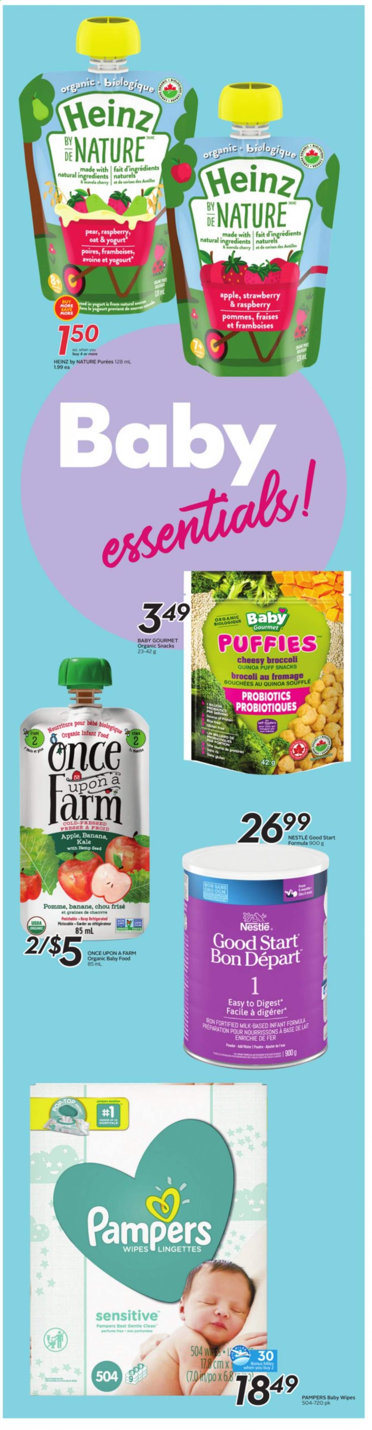thumbnail - Sobeys Flyer - July 15, 2021 - July 21, 2021 - Sales products - kale, pears, yoghurt, milk, snack, oats, Heinz, Ron Pelicano, organic baby food, wipes, baby wipes, feeder, probiotics, Nestlé, quinoa, Pampers. Page 11.