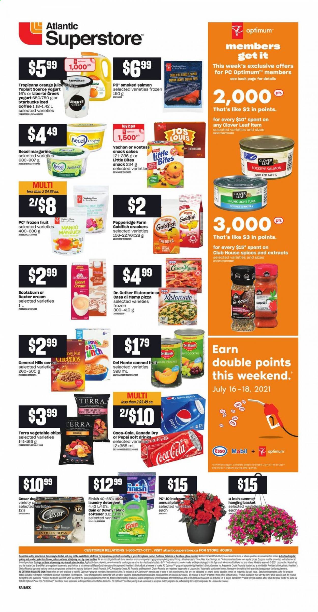 thumbnail - Atlantic Superstore Flyer - July 15, 2021 - July 21, 2021 - Sales products - cake, mango, peaches, salmon, smoked salmon, tuna, pizza, Dr. Oetker, Président, greek yoghurt, yoghurt, Clover, Yoplait, margarine, snack, crackers, Little Bites, vegetable chips, Goldfish, sugar, light tuna, canned fruit, cereals, Canada Dry, Coca-Cola, Pepsi, orange juice, juice, soft drink, iced coffee, Starbucks, Gain, fabric softener, laundry detergent, Downy Laundry, Jet, Optimum. Page 2.