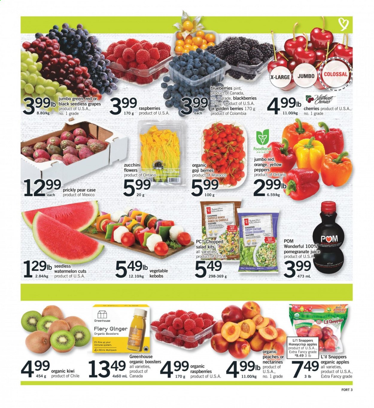 thumbnail - Fortinos Flyer - July 15, 2021 - July 21, 2021 - Sales products - ginger, zucchini, salad, chopped salad, apples, blackberries, blueberries, grapes, nectarines, seedless grapes, watermelon, cherries, pears, pomegranate, peaches, goji, juice, greenhouse, kiwi. Page 4.