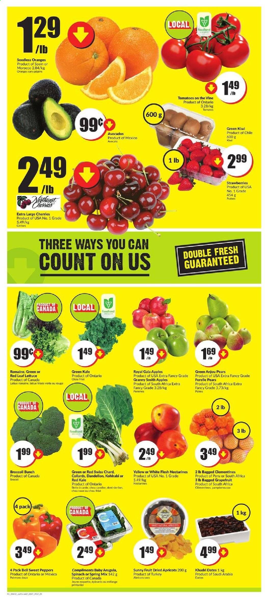 thumbnail - FreshCo. Flyer - July 15, 2021 - July 21, 2021 - Sales products - broccoli, sweet peppers, tomatoes, kale, lettuce, kohlrabi, peppers, apples, avocado, clementines, Gala, grapefruits, nectarines, strawberries, cherries, pears, apricots, Granny Smith, dried fruit, Sunny Fruit, kiwi. Page 2.